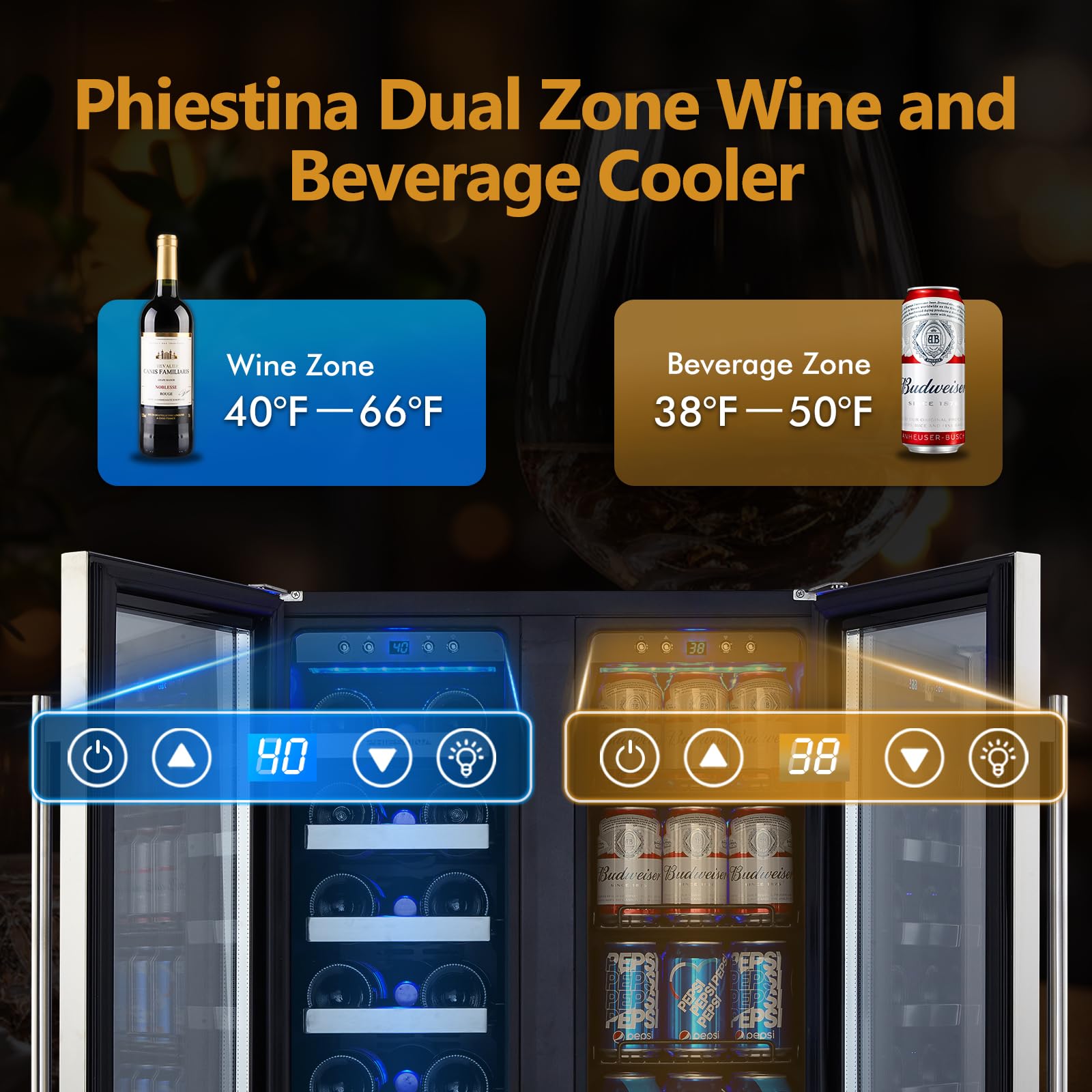 Phiestina Beverage Fridge, 24 Inch Wine And Beverage Refrigerator, Under Counter Wine Cooler- 20 Bottles & 76 Cans, Built-In/Freestanding Dual Zone With Glass Door on Fridge.com - View 2