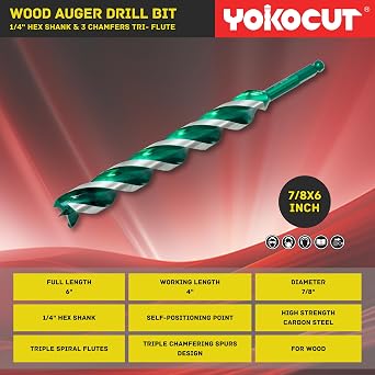 7/8x 6 Auger Drill Bit for Wood, Hex Shank Tri-Flute Wood Drill Bits, Ship Auger Long Drill Bit for Soft and Hard Wood, Plastic, Drywall, Tree Stump and Composite Materials