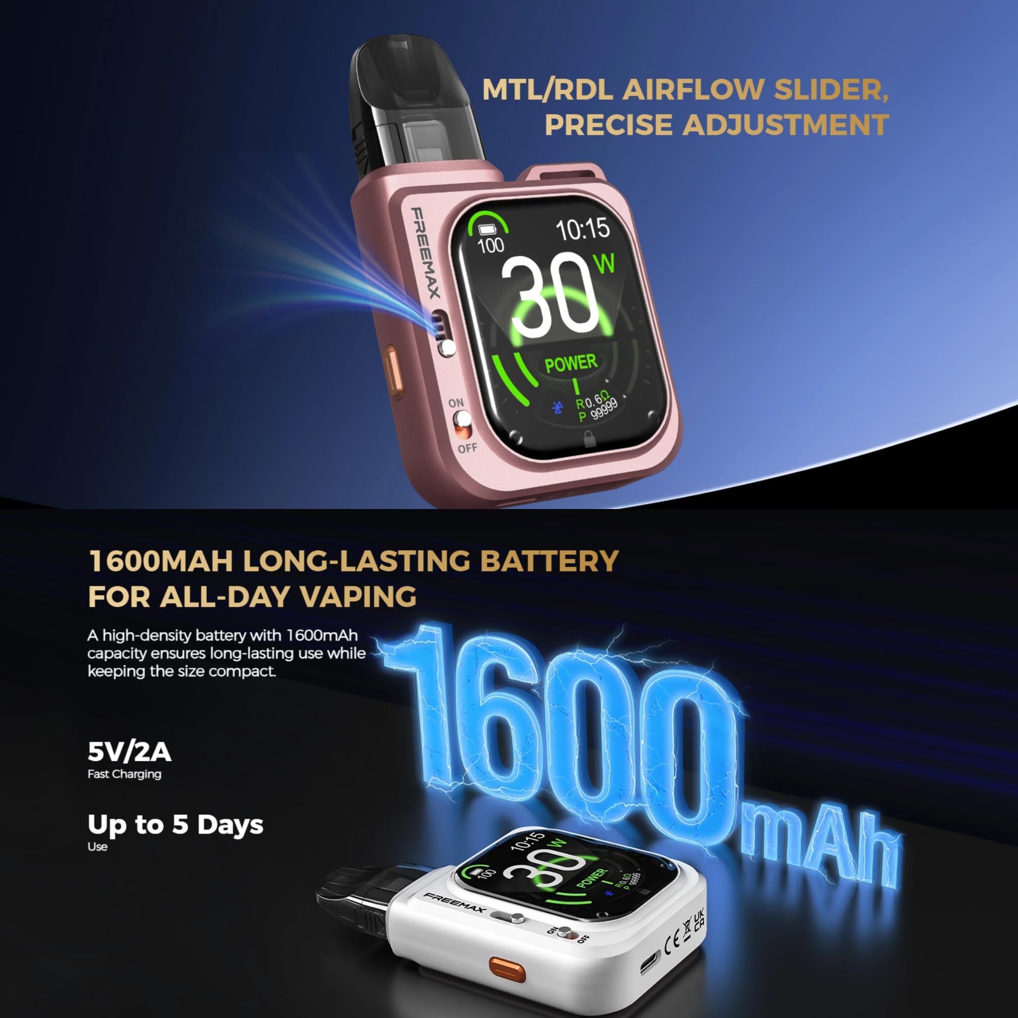 FREEMAX Rexa Smart Vape Kit [Black] - 1600mAh Battery - COMPATIBLE PODS:  Rexa and Rexa DUOMAX Pods - 30W, RDTL and MTL Vaping, Side-Fill, Inhale  Activated, Adjustable Airflow - Nicotine Free: Amazon.co.uk: