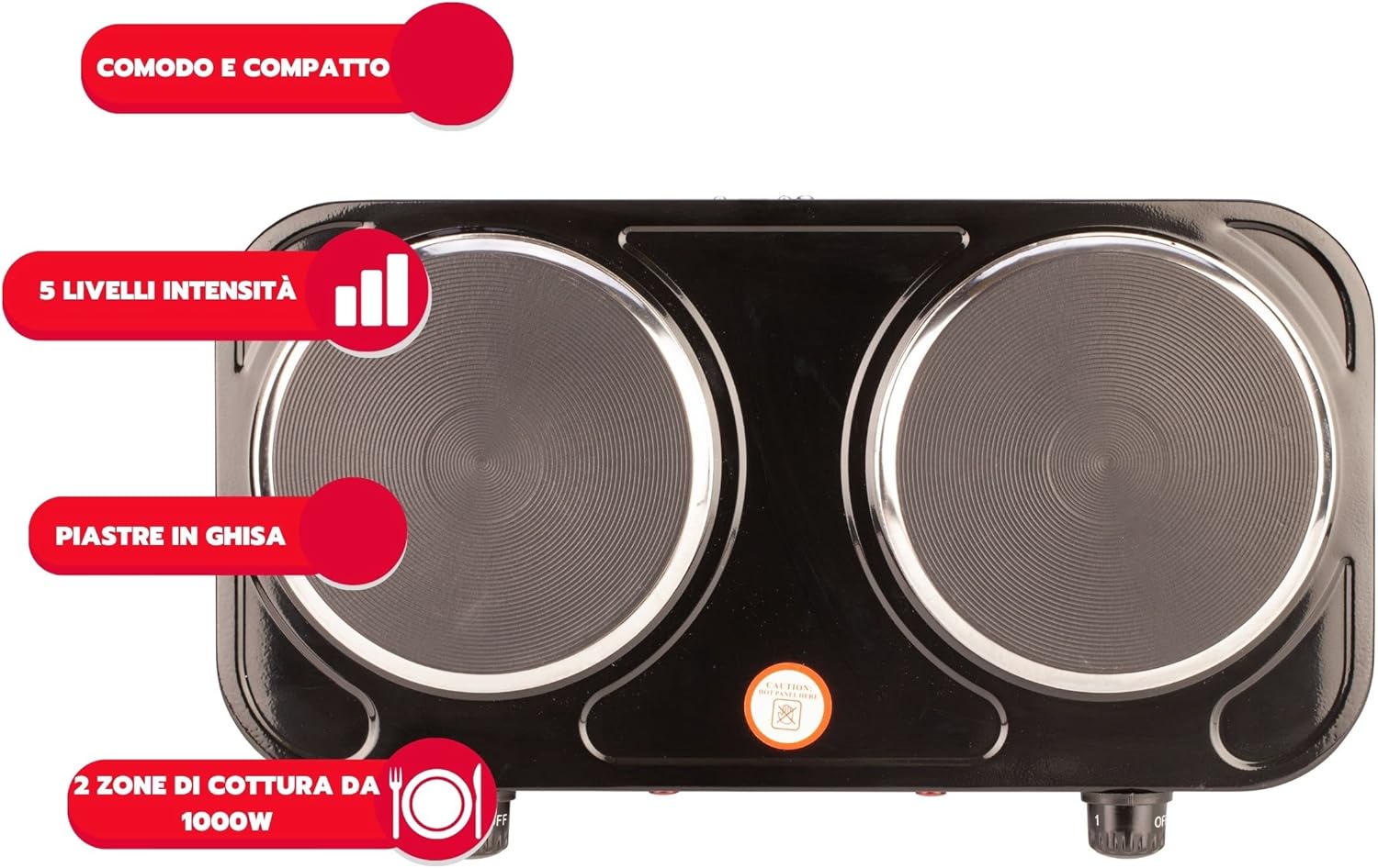 ARDES - 1500W painted steel electric stove for camping and kitchen with 2 cast iron plates of 15.5 cm diameter and 2 thermostats Model TIKAPPA AR1F20 Black
