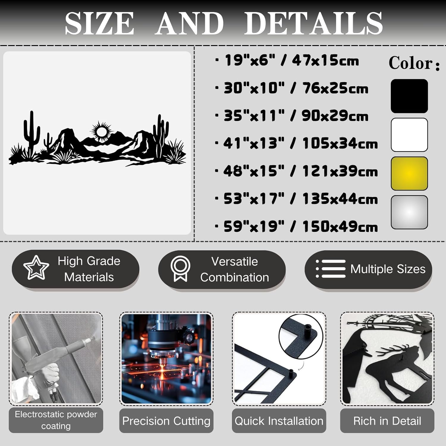 Maclou Desert Metal Wall Art, Cactus Metal Wall Art, Metal Western Wall Decor, Desert Wall Decor, Western Wall Decor for Living Room, Bedroom, Bathroom (Black,41"x13" / 105x34cm)