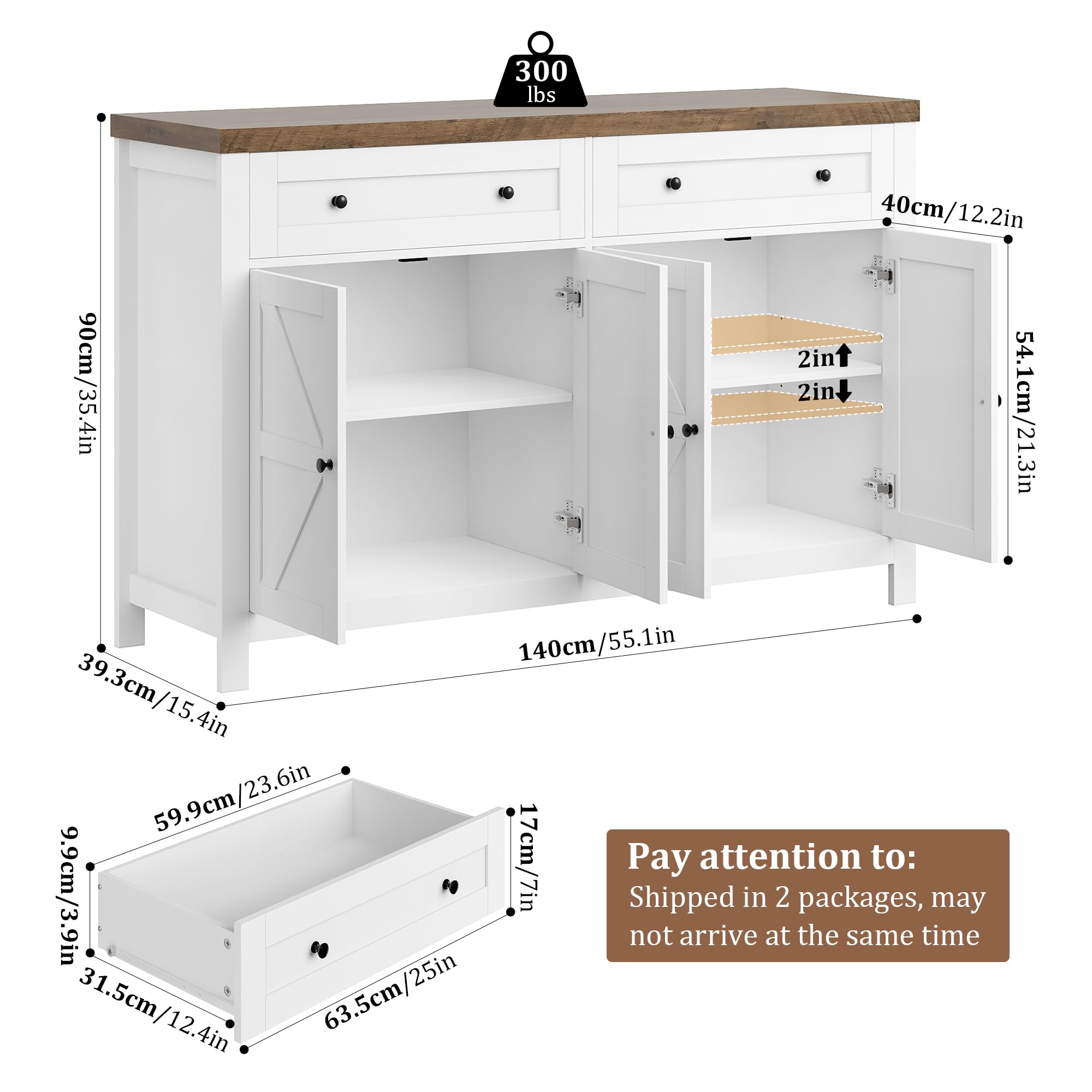HOCSOK 140 cm Credenza Cucina, Madia Soggiorno Moderna con Ripiani Regolabili, Buffet Mobile con 2 Cassetti 4 Ante, per Soggiorno, Cucina, Ingresso, Multiuso, Bianco