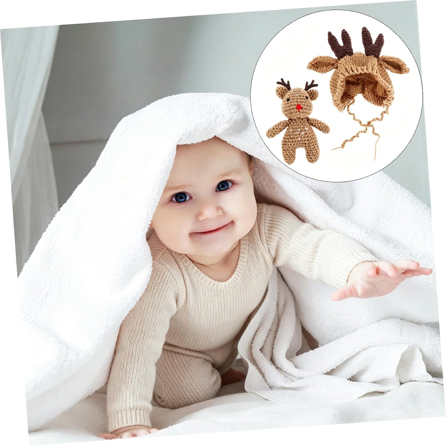 VANZACK Newborn Wool Knit Hat Reindeer Beanie Photo Prop Infant Winter Cap Boys and Girls Christmas Brown
