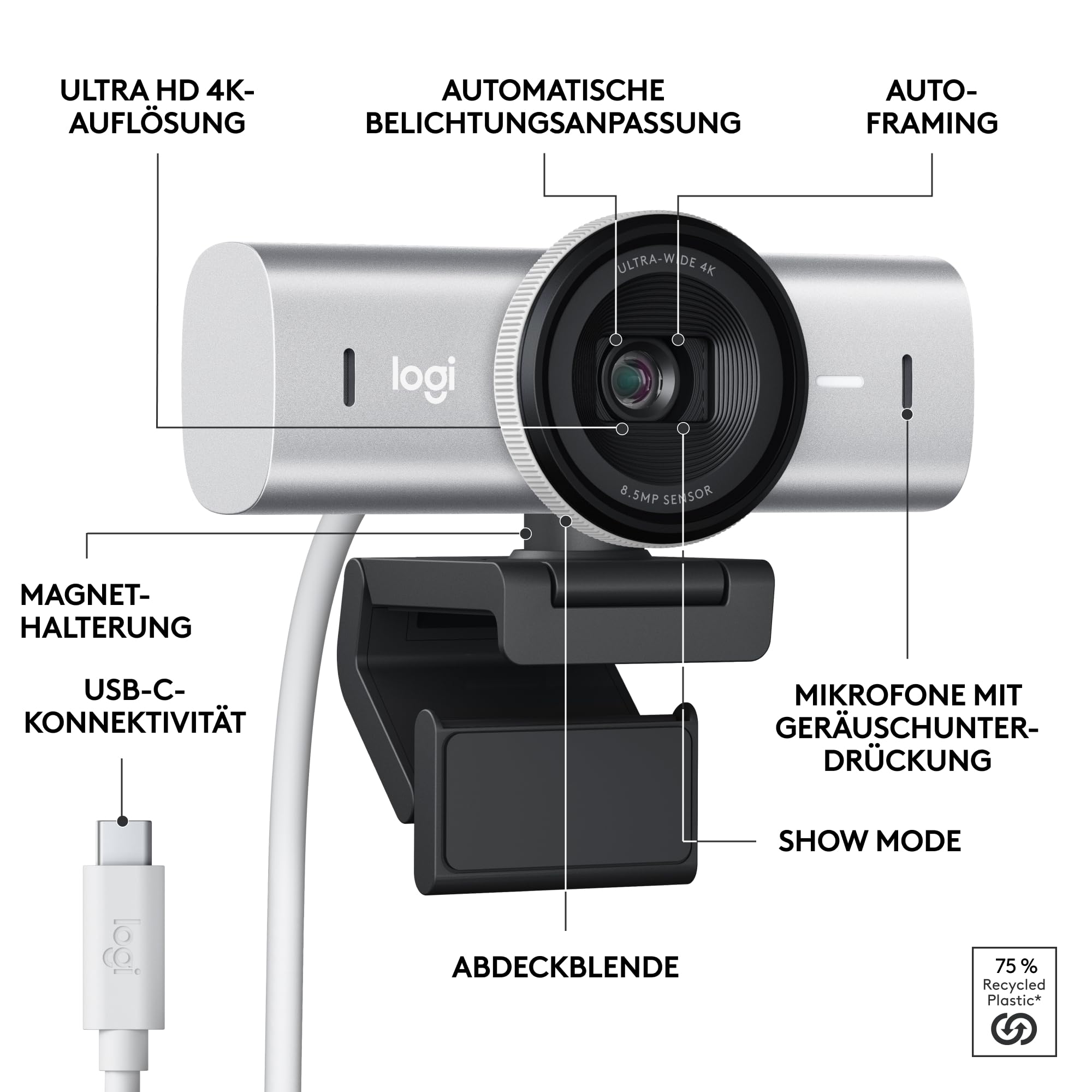 Logitech MX Brio Ultra HD 4K Collaboration and Streaming Webcam (Pale Grey)