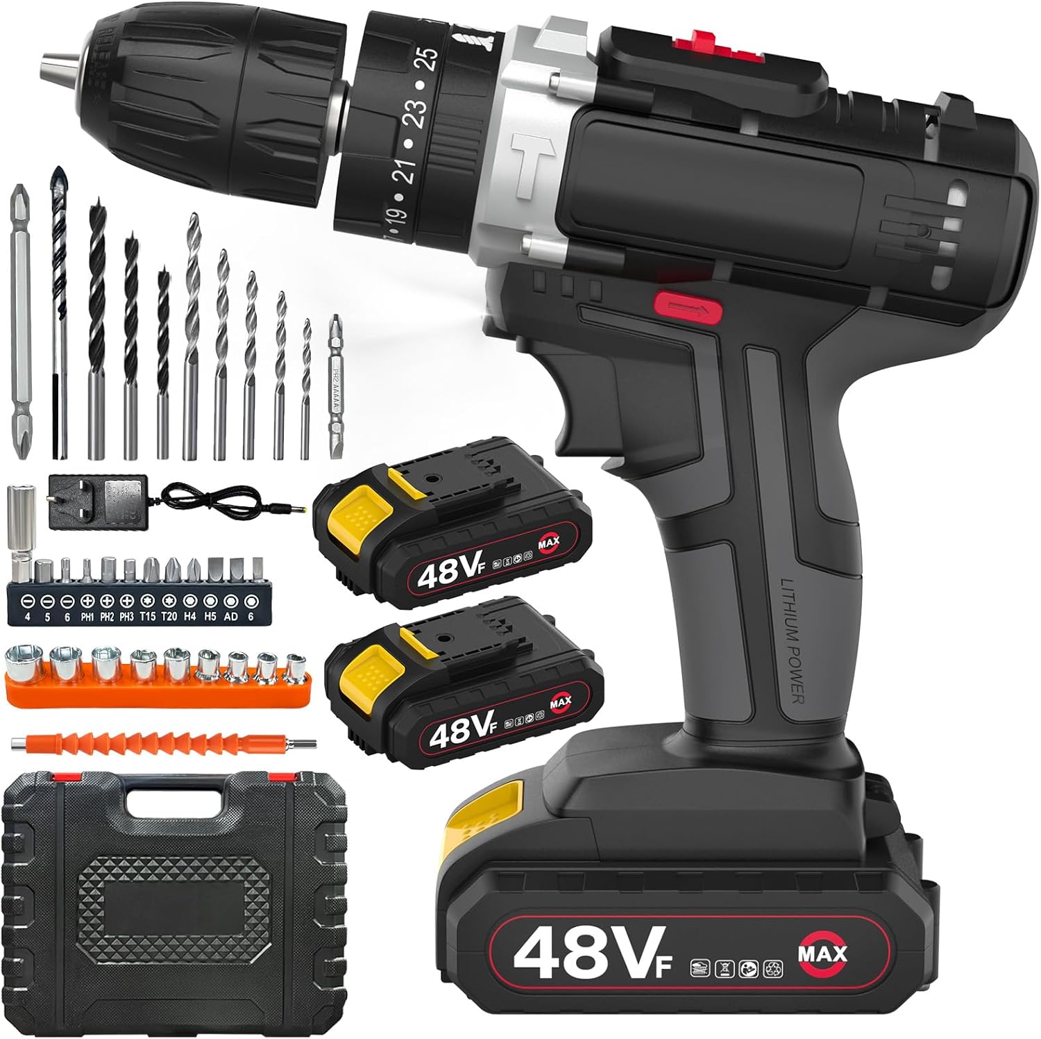 48V Cordless Drill Set, Electric Drill with 2 Batteries and Charger, Electric Screwdriver Power Drill Drivers with 2 Speed, 25 Torque Setting, Built-in LED Light,Storage Case Included