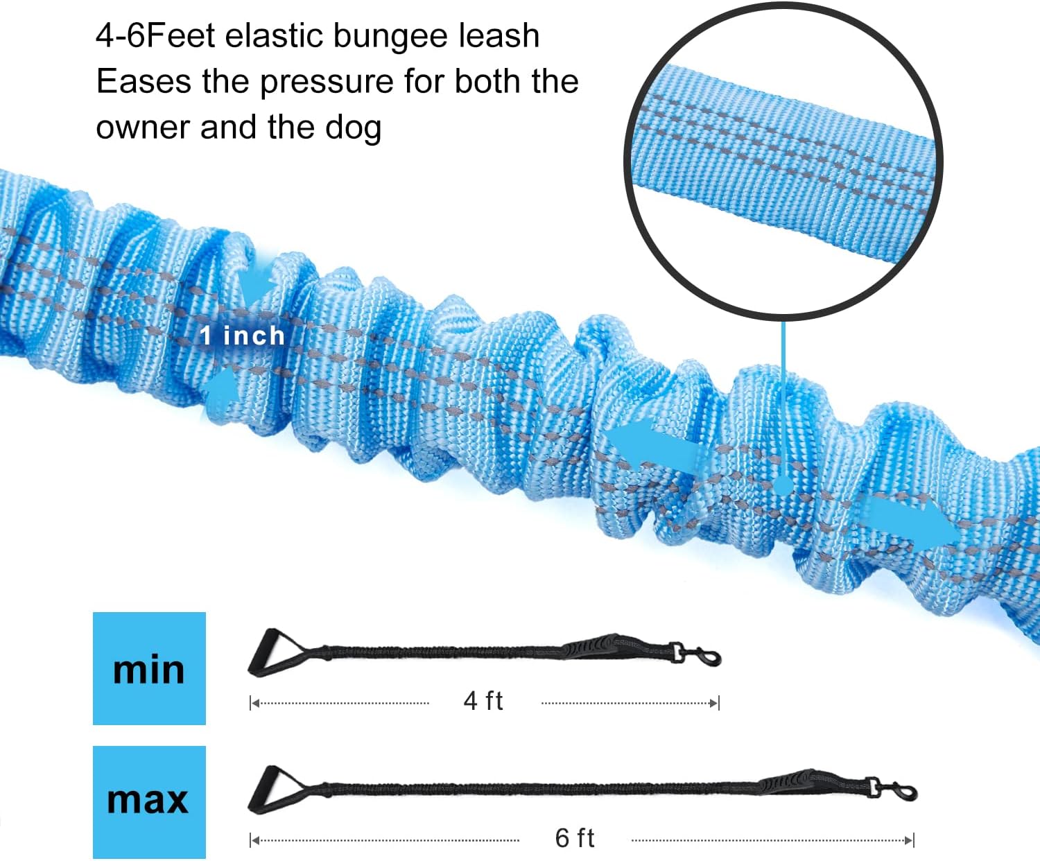6FT Highly Reflective Heavy Duty Elastic Bungee Medium and Large Dog Leash Shock Absorbing with Comfortable Padded Handle and Traffic Handle Suitable for Training Light Blue