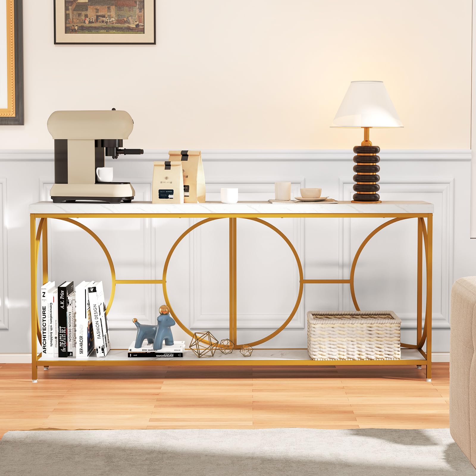 COSTWAY Mesa Consola de 2 Niveles con Superficie de Mármol Falso, Entrada Recibidor, Marco de Metal Resistente, Mesa Auxiliar Larga para Sofá, Mesa de Acento Moderna con Estante, 180 x 30 x 80 cm