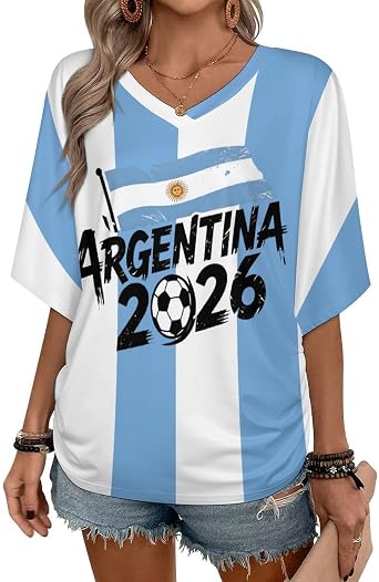 Soccer Cup 2026 Jersey Shirt for Women Argentina Soccer Jersey USA Brazil Tshirt Loose Fit V Neck Shirts Graphic Short Sleeve Tee Tops Medium