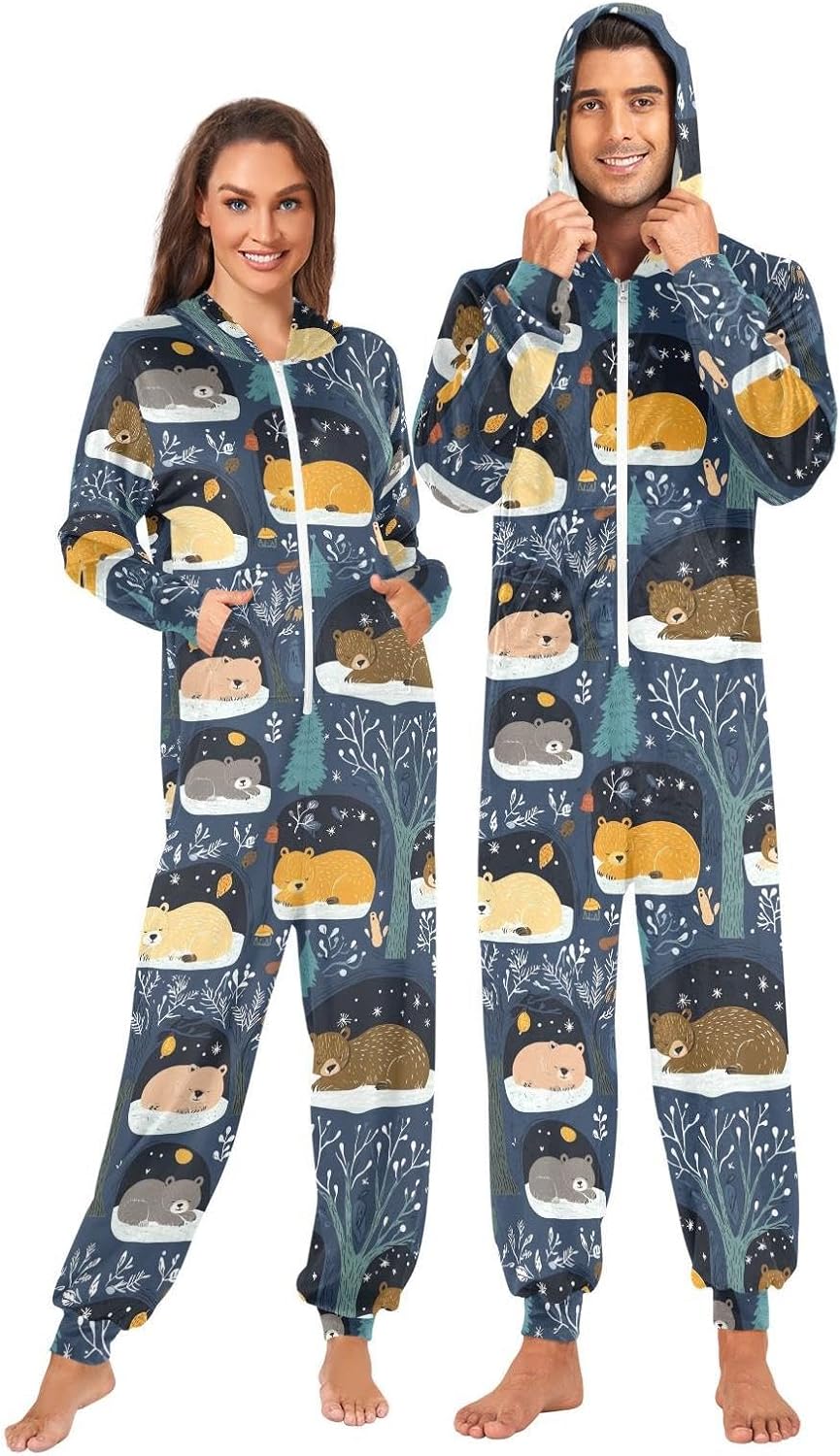 ZZKKO Winter Animals Sleeping Adult Onesie Pajamas for Women Men Cozy One Piece Pajamas Costume Zip-Up Hooded S-XL