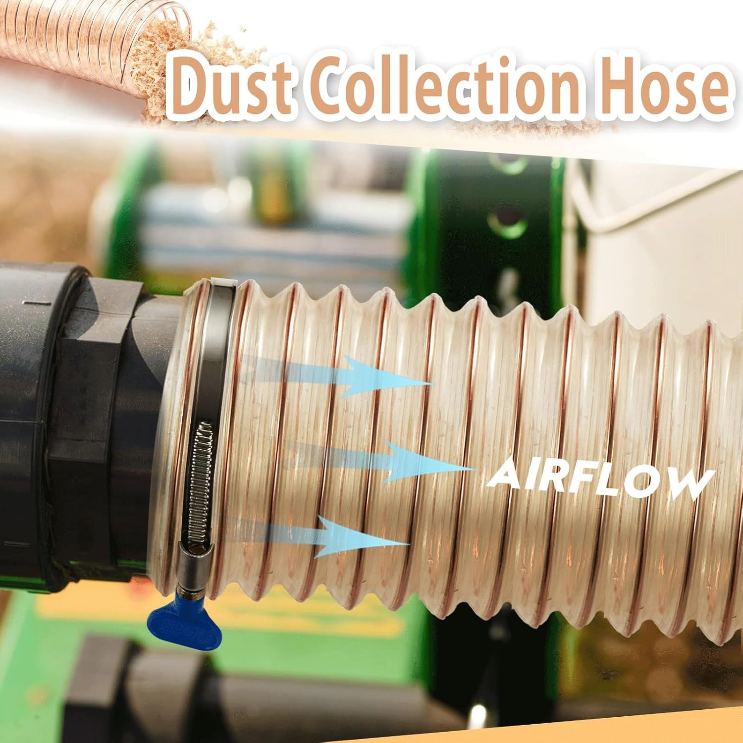 Vacuum Hose Flexible Dust Separator pipe Dia-100(mm)/3.9inch, 800cm/315inch/26ft with 4 Thumbscrew Clamps, 1.2(mm) Thick, Puncture Resistant PU Polyurethane Hose With Copper-plated Steel wire