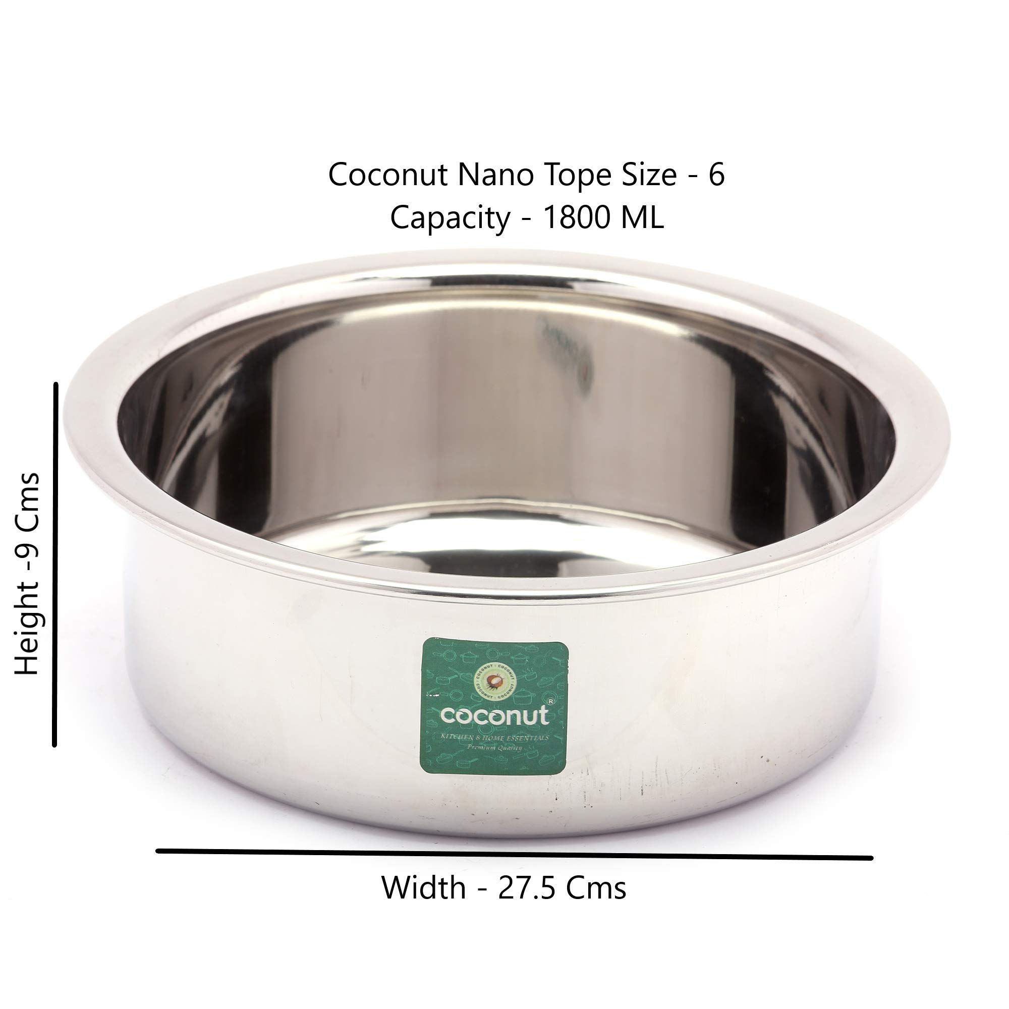 Coconut Stainless Steel (Heavy Guage) Nano Tope - Cook N Serveware-1 Unit - Capacity - 1800 ML - Image 3 thumbnail