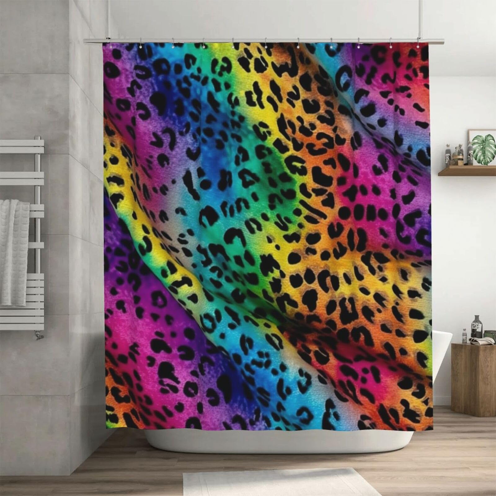 Rideau de douche 183 x 183 cm en tissu imperméable avec imprimé léopard coloré arc-en-ciel et feuilles d'eucalyptus avec 12 crochets
