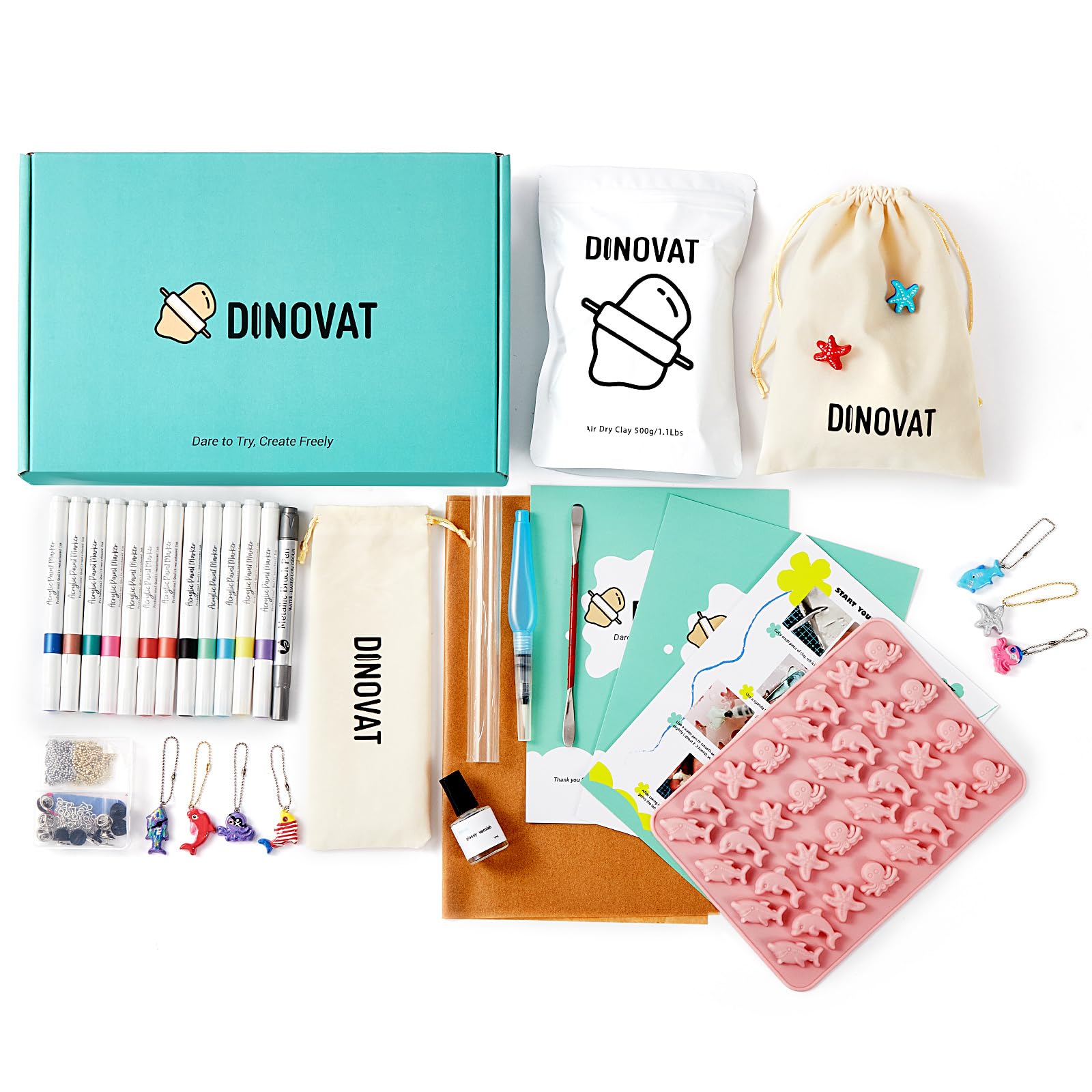 DINOVAT Air Dry Clay Pottery Kit for Adults - DIY Craft Kit Includes:500gClay, 13 Acrylic Paint Pens,Clay Mold,GlossVarnish,Tools & Step-by-Step – Perfect for Pendants, Brooches