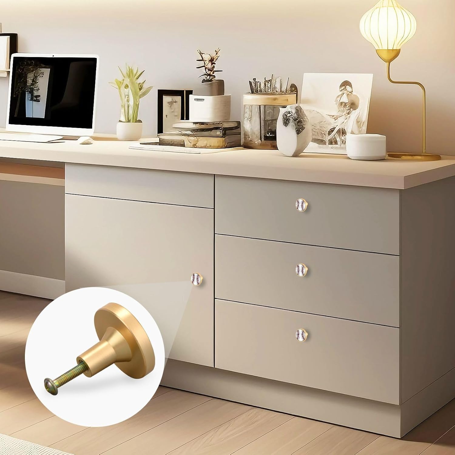 YETTASBIN Baseball Cabinet Knobs 4 Pack, Round Drawer Dresser Pulls Handles Knobs, 1-1/4 Inch Kitchen Cabinet Hardware Knobs for Door, Closet Home Office Furniture Decor