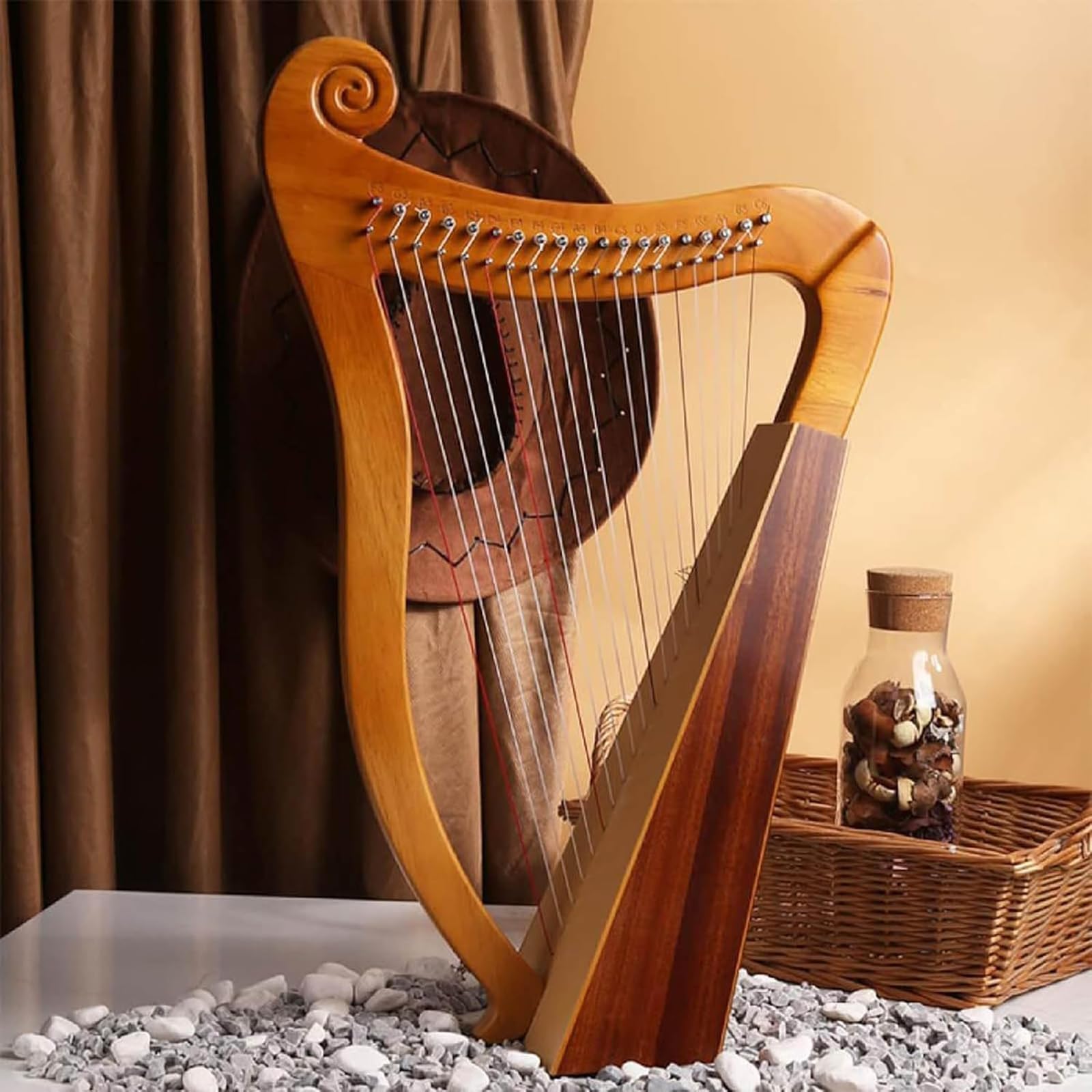 Arpa Celtica Irlandese, Arpa a Leva in Mogano a 19 Corde, Arpa a Lira in Mogano a 3 Fori con Chiave per Accordatura E Custodia Nera, Strumento Musicale di Risonanza, per Amanti della Musica