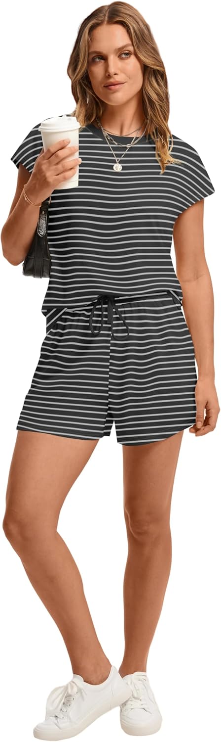 WIHOLL Two Piece Sets for Women Summer Crew Neck Lounge Short Sets Cap Sleeve Drawstring Sweatsuit with Pocket - Image 4