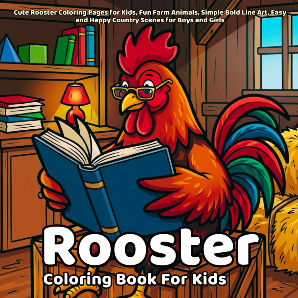 Rooster Coloring book: Cute Rooster Coloring Pages for Kids, Fun Farm Animals, Simple Bold Line Art, Easy and Happy Country Scenes for Boys and Girls