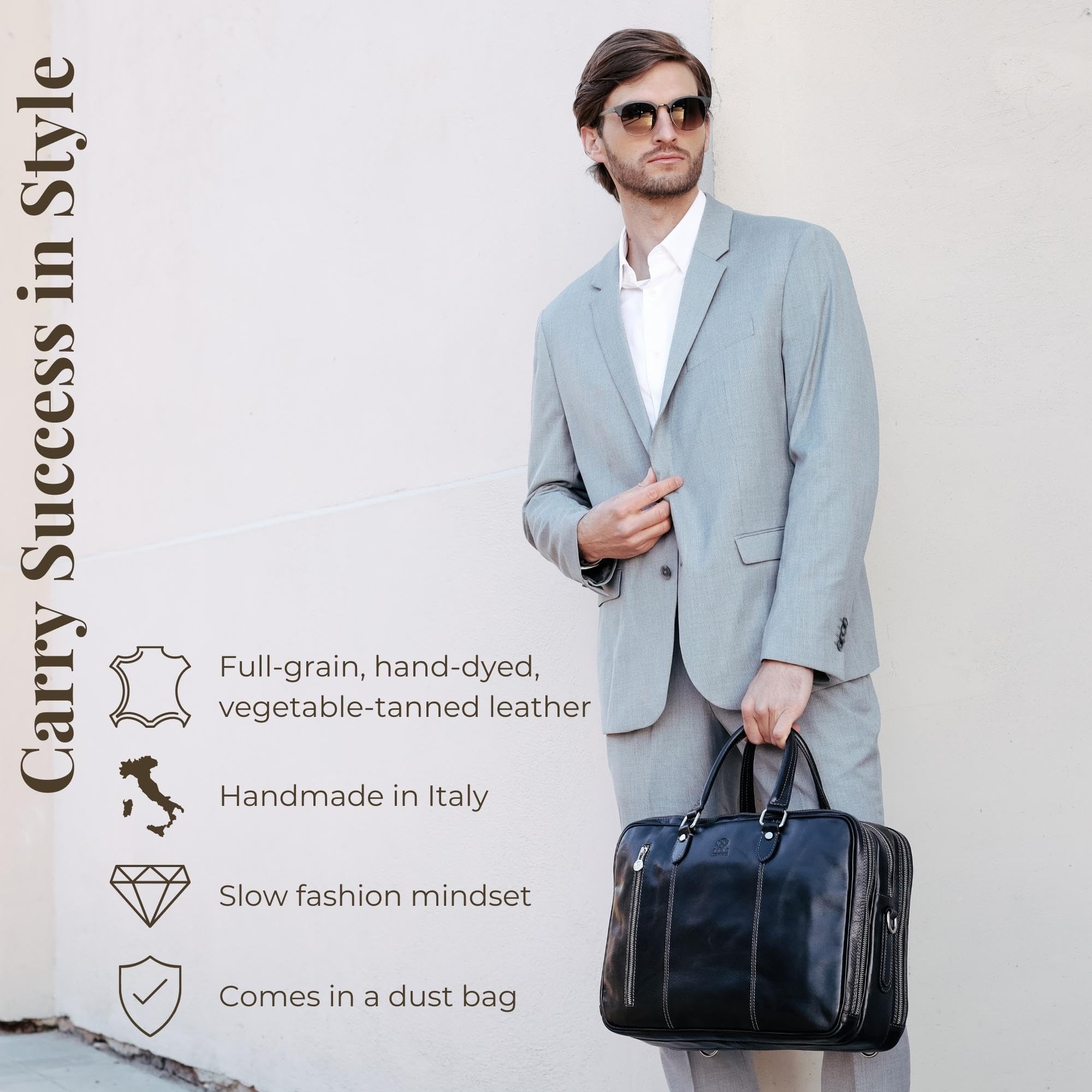 Time Resistance Leather Laptop Briefcase - Full Grain Leather Computer Bag for Men and Women (Black)