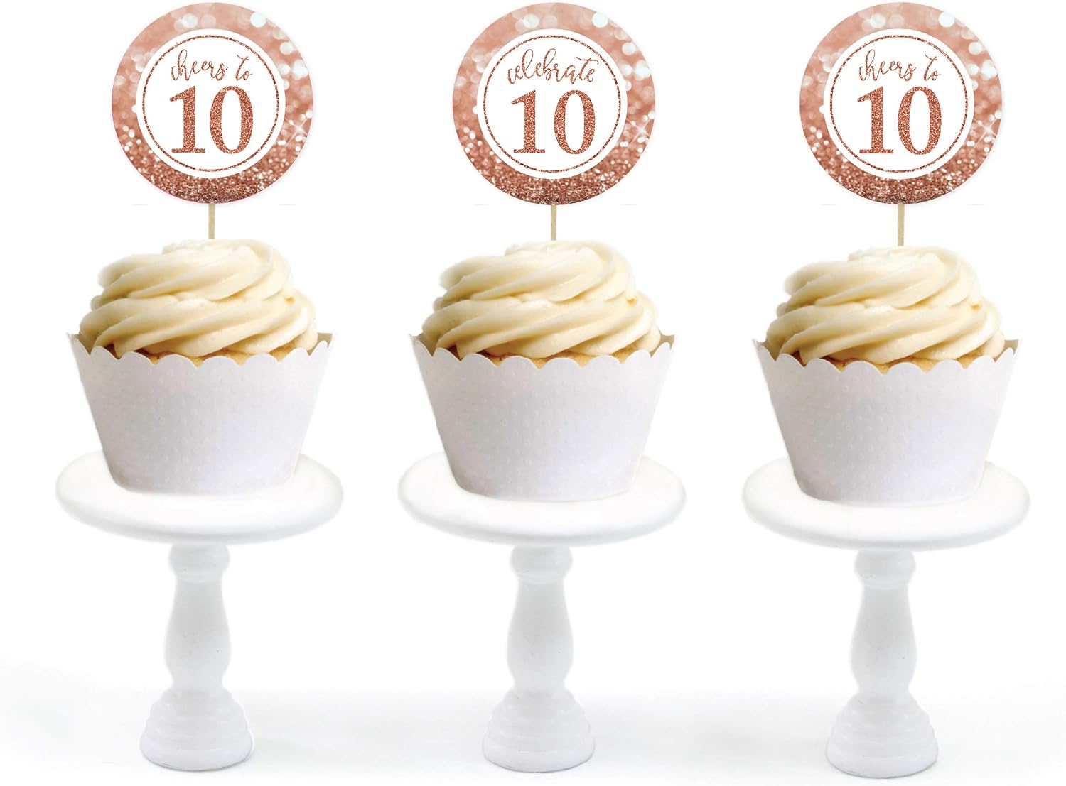 Andaz Press Glitzy Faux Rose Gold Glitter Round DIY Cupcake Toppers, Cheers to 10 Years, 10th Birthday or Anniversary, 20-Pack, Cake Dessert Party Decor