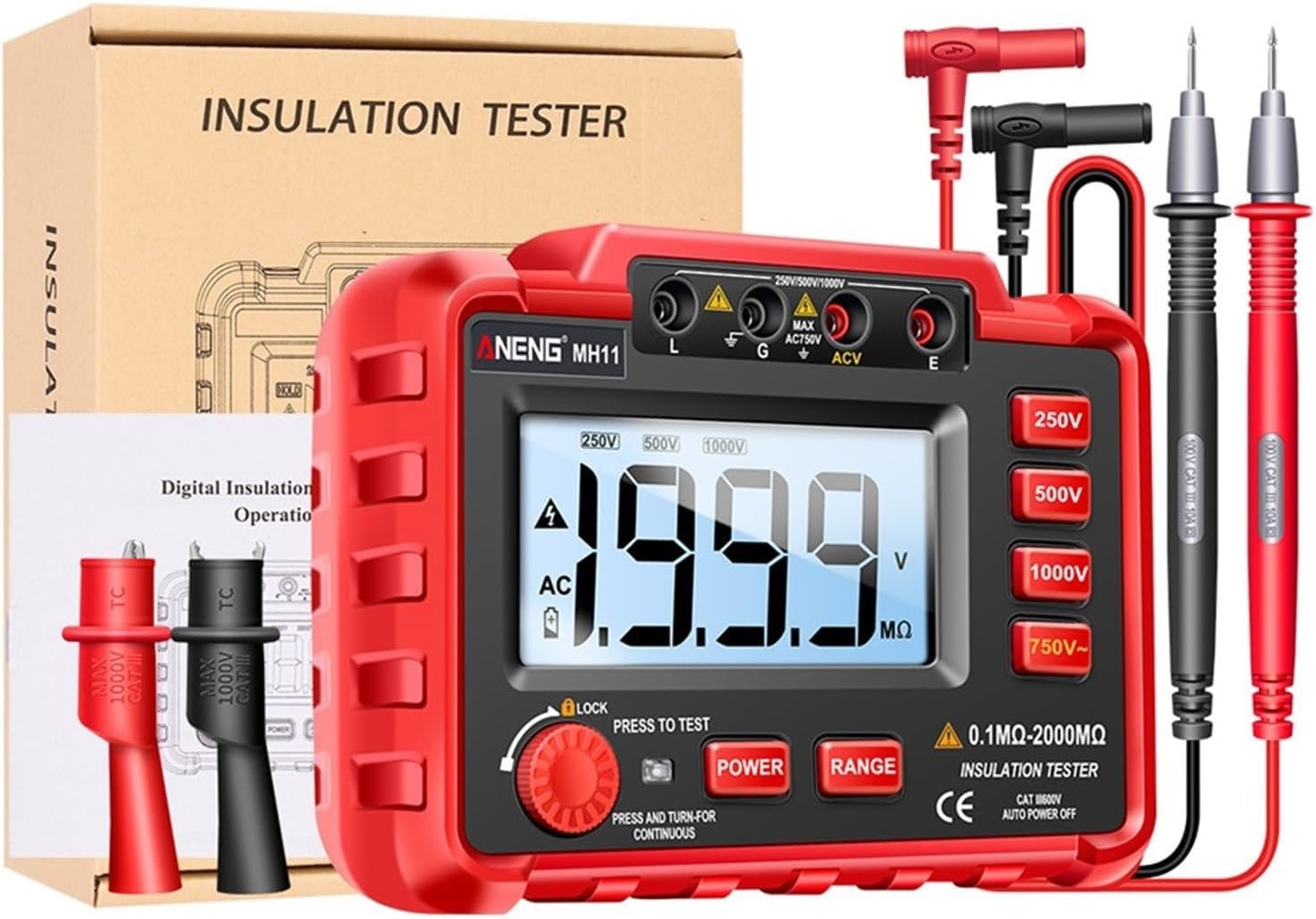 MH11 Megohmmeter Digital Meters 250/500/1000V Insulation Earthing Resistance Tester DC Voltage Multimeter Test Tools(50R)