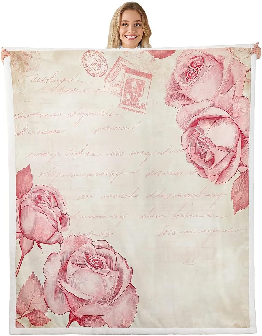 Castle Fairy Romantic Floral Kids Flannel Blanket,Pink Rose Flowers Watercolor Fuzzy Blanket for Children,Music Notes Print Beige Polyester Throw Blanket for Couch, Twin Size (60 x 80 Inch)