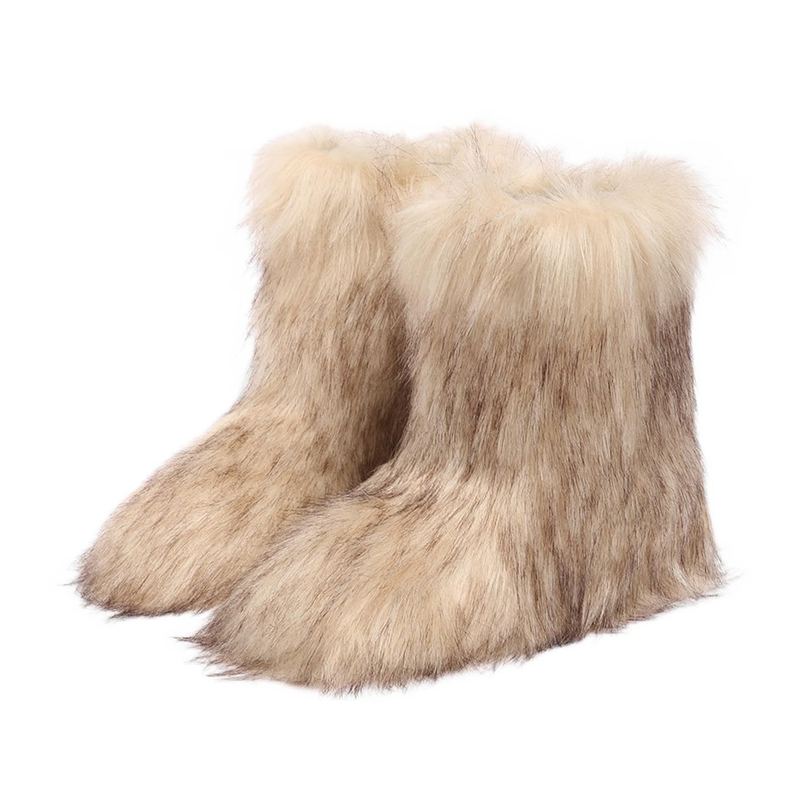 Womens Faux fur Boot Fuzzy Fluffy Furry Round Toe Suede Winter Snow Boots Mid-Calf Boots Comfortable Outdoor Flat