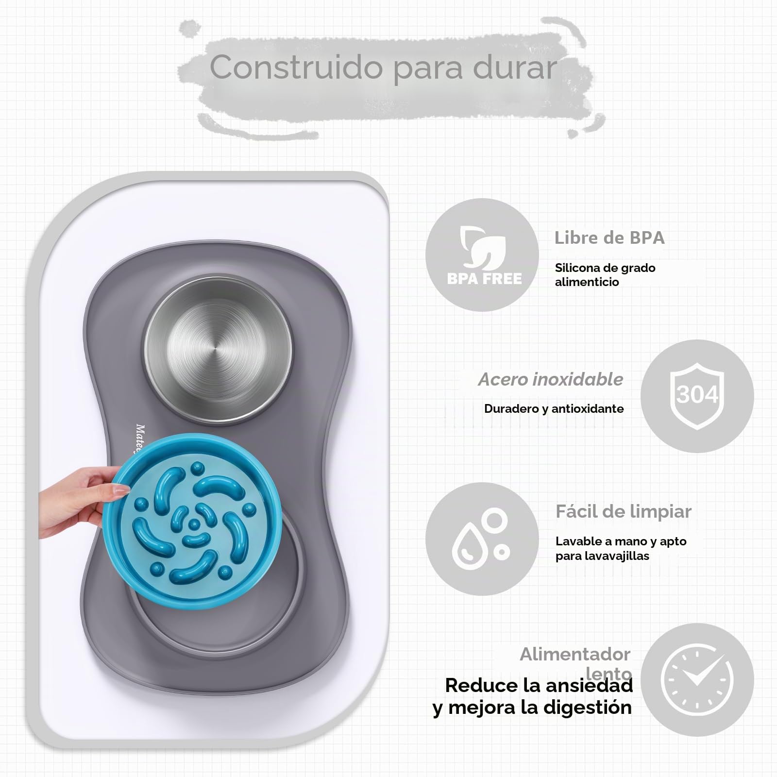 MateeyLife Juego de Boles para Perro 3 en 1, Comedero Antivoracidad Perro y Bebedero de Acero Inoxidable con Alfombrilla Antideslizante de Silicona, Cuencos para Perros de Todas Las Razas 43.7×25.9 cm