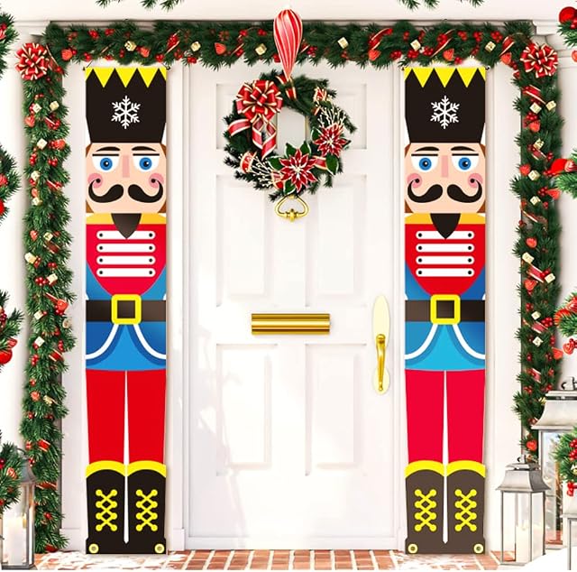 THEXIU Christmas Nutcracker Decorations, 2pcs Nutcrackers Porch Banner Merry Christmas Banner, Outdoor Xmas Decor Soldier Model Nutcracker Banners for Wall Hanging Christmas Decorations,30 × 180cm
