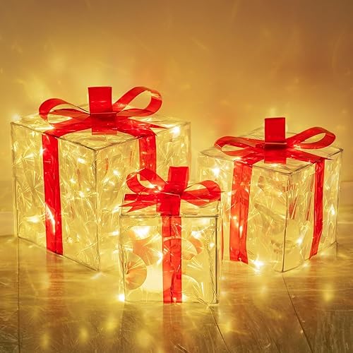 Hourleey Juego de 3 cajas de regalo iluminadas de Navidad, 60 cajas de regalo con luz LED, decoraciones decorativas con cintas para árbol de Navidad