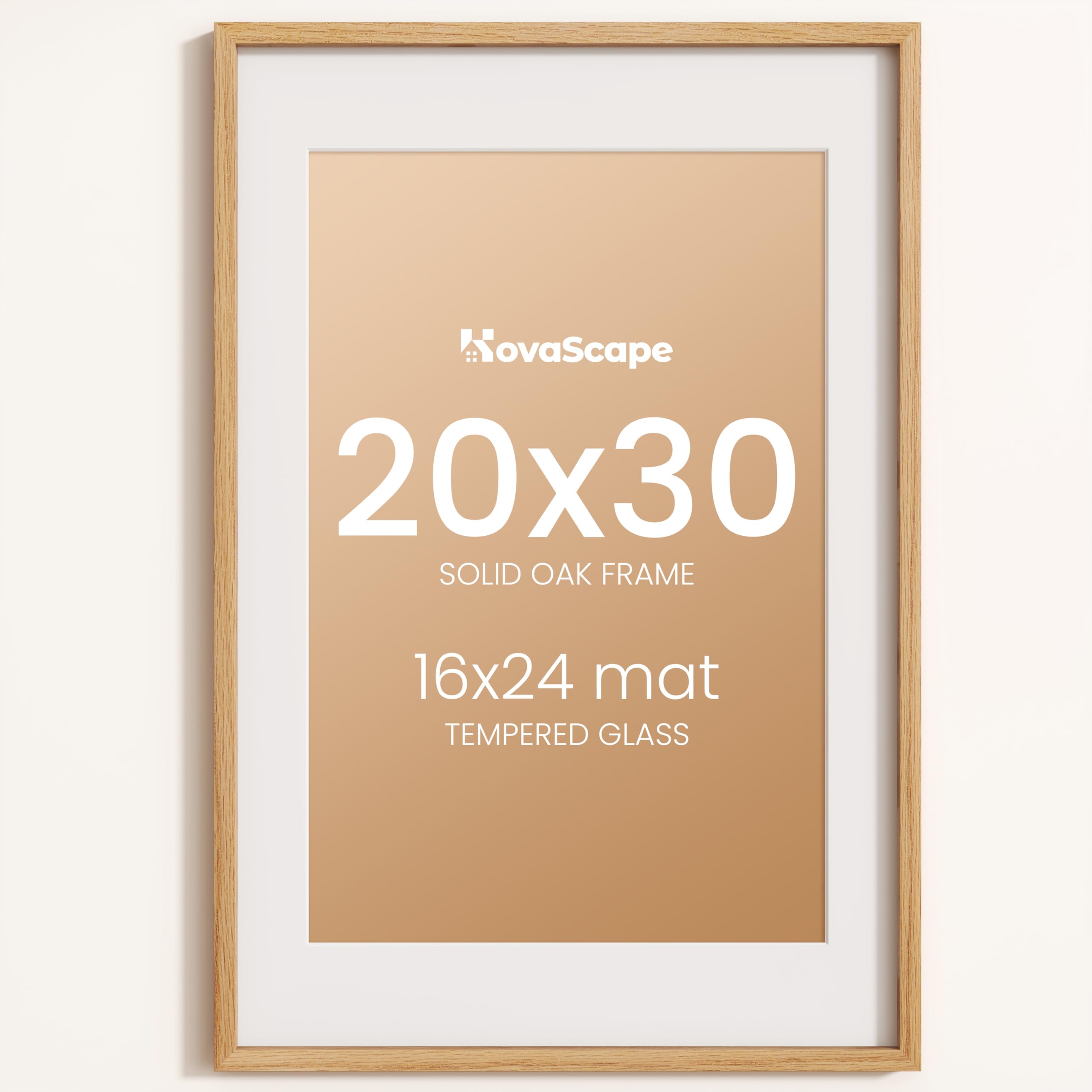 KovaScape 20x30 Photo Frame, Natural Solid Oak Wood Picture Frame with HD Tempered Glass, Modern Minimalist Wooden Frame Matted for 16x24 Photos, Versatile Wall Hanging & Tabletop Display