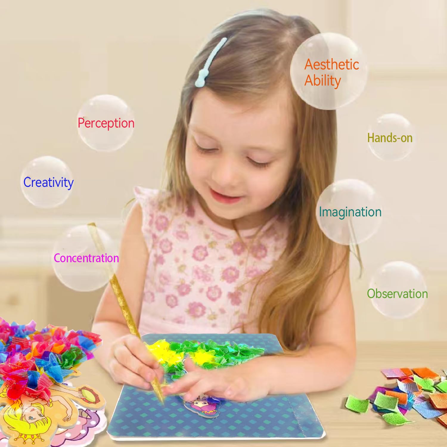 ENIKMOSD Poke Art DIY Set Für Kinder – 3D Prinzessinnen-Stickerkarten Mit Stoffstücken (Kreativ-Spiel Ab 3 Jahren)