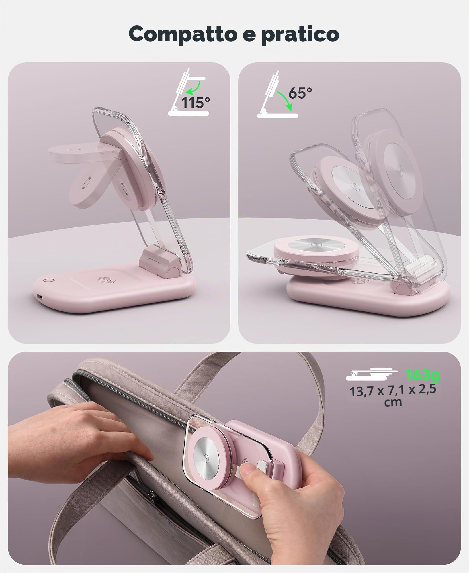Mag Safe - Caricatore di ricarica e iPhone, 3 in 1, compatibile con iPhone 17, 16, 15, 14, 13, 12, Pro Max/Air/Plus/Pro, per Apple Watch 10/9, Airpods 3/2/Pro, pieghevole, colore: Rosa