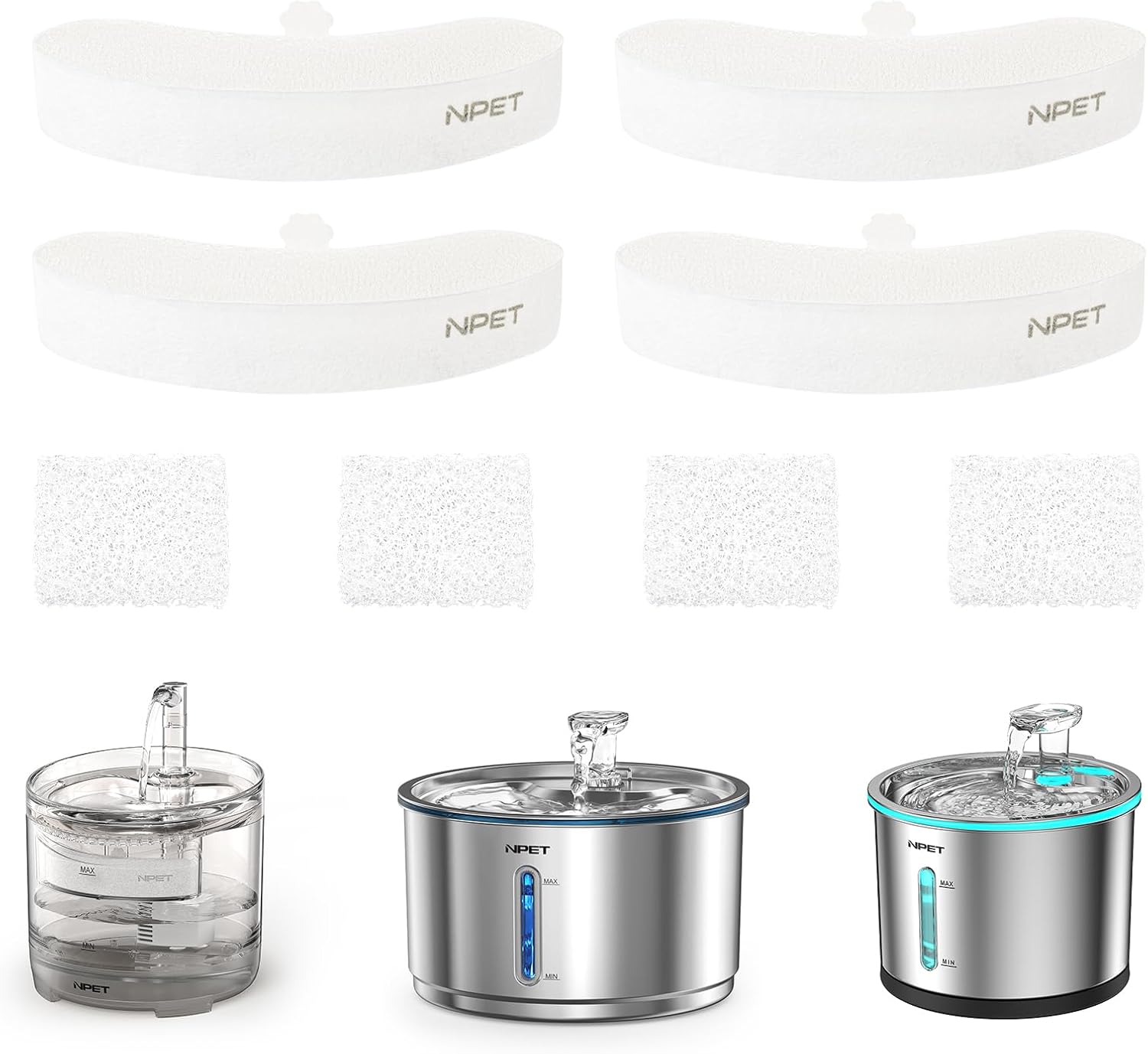 NPET Upgraded Design 4 Pack Replacement Filters for WF050/WF100 Cat Fountain and WF210 Stainless Steel Pet Water Dispenser