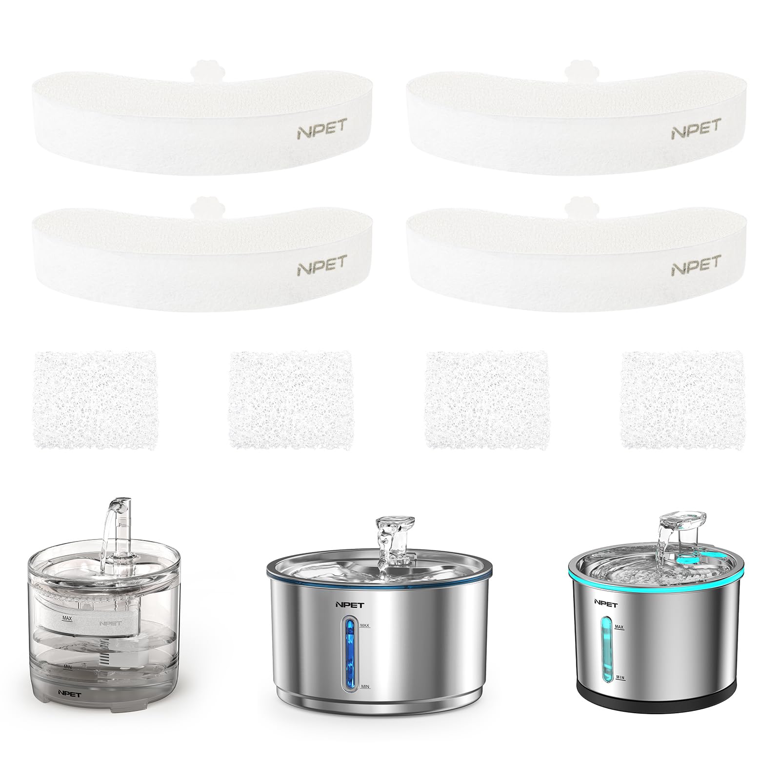 NPET Upgraded Design 4 Pack Replacement Filters for WF050/WF100 Cat Fountain and WF210 Stainless Steel Pet Water Dispenser