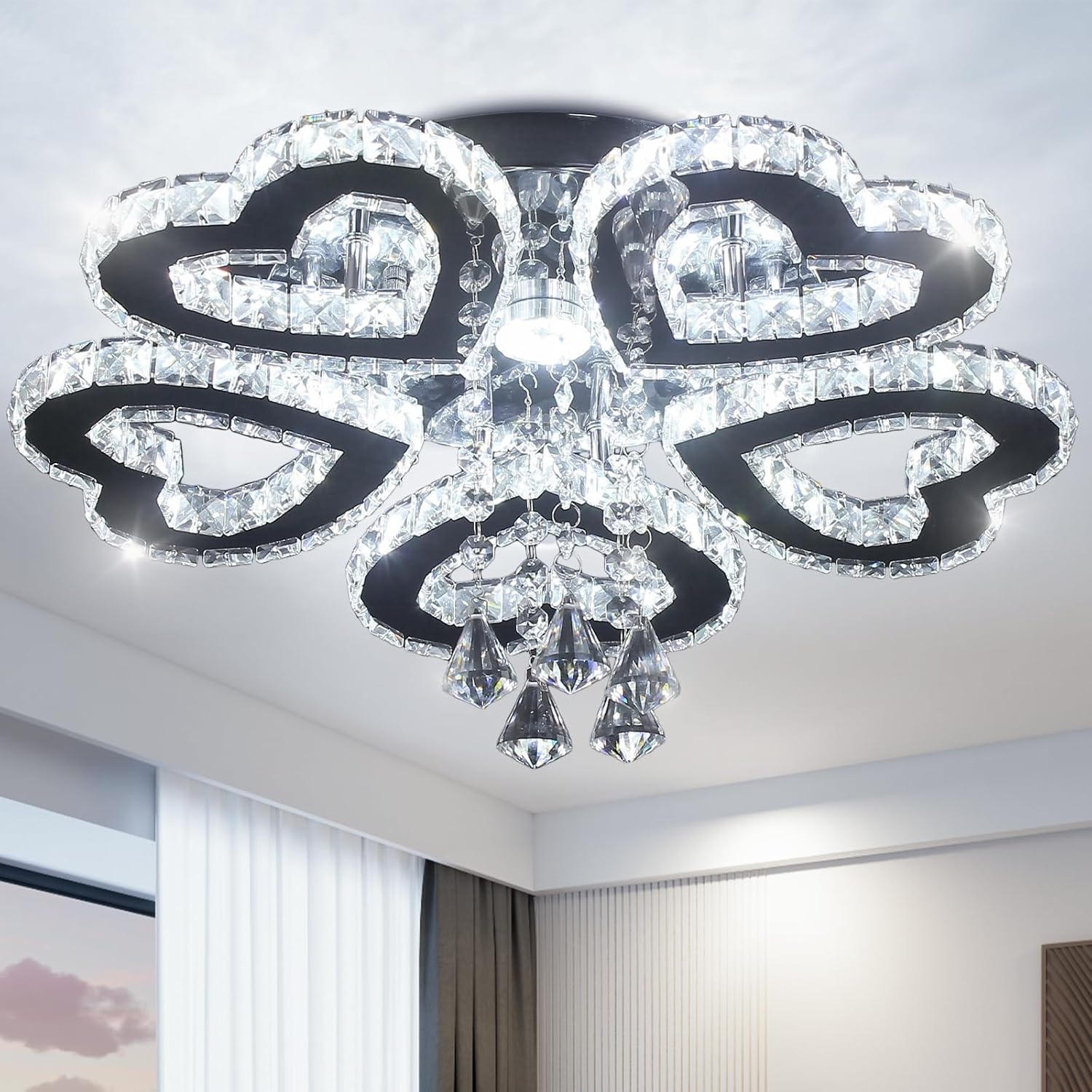 5 Heart Ring Crystal Ceiling Light, Modern LED Flush Mount Chandelier with K9 Crystals Cool White Stainless Steel Light Fixture for Living Room, Bedroom, Dining Room