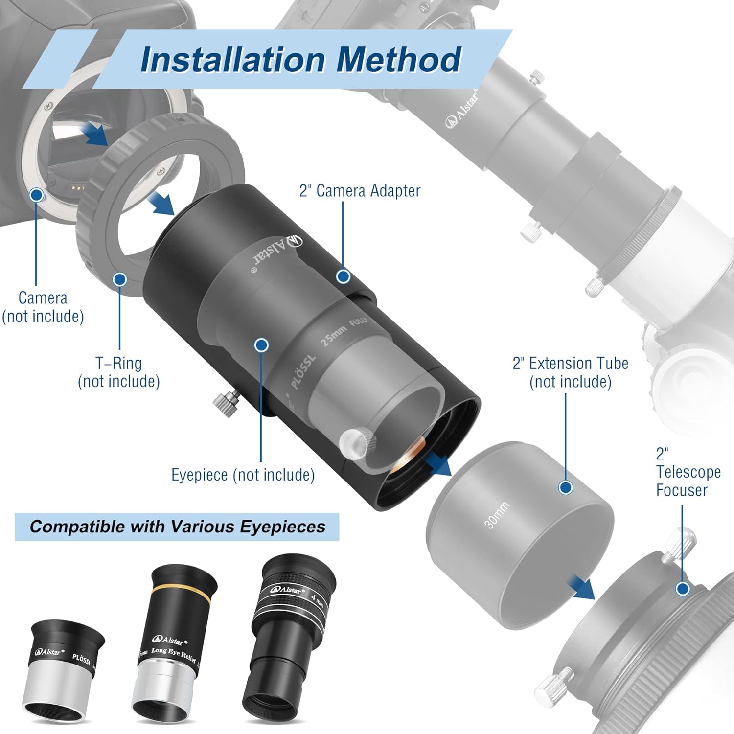 Alstar 2" Adjustable Extention Tube Camera Adapter - Bundle with - 1.25 inch Astrophotography Flip Mirror