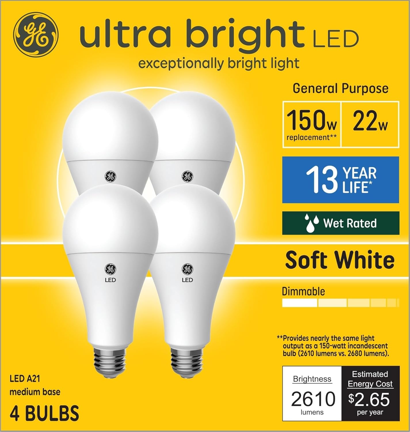 GE Bombilla LED ultra brillante EQ A21 de 150 vatios de base media blanca suave (E-26) regulable (paquete de 4)