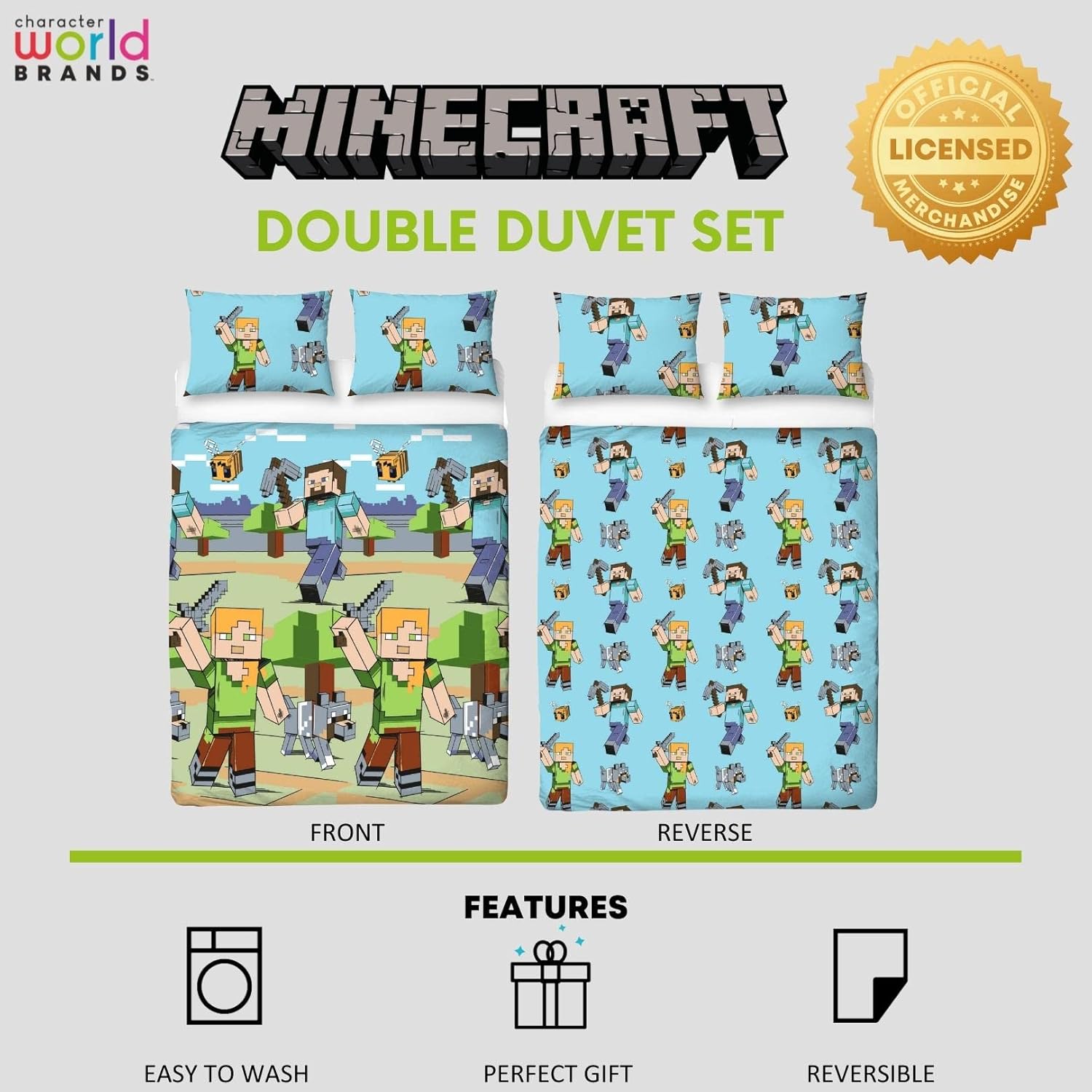 Minecraft Adventure Double Rotary Duvet Cover & Pillow Case Set - Soft & Comfortable Bedding Duvet Cover with Pillowcase - Reversible Duvet Cover for Kids, Girls & Boys