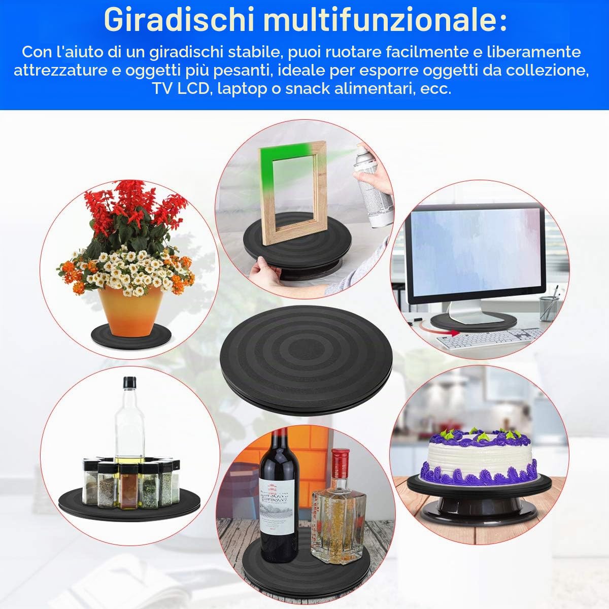 Supporto Girevole di 360 ° con Cuscinetti a Sfera 20CM Multiuso Giradischi con Cuscinetti Sfera in Acciaio Supporto Girevole Base Rotante per Giradischi per TV, Monitor, Altoparlanti (Nero)