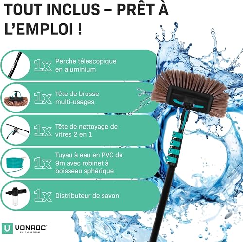 VONROC Brosse de Lavage Télescopique 6,5 m avec Arrivée Eau – Nettoyer Panneaux Solaires, Vitres, Façades et Véhicules – Kit Complet 2 en 1 - avec Tuyau, Raccord Universel - Nettoyage Puissant - 7