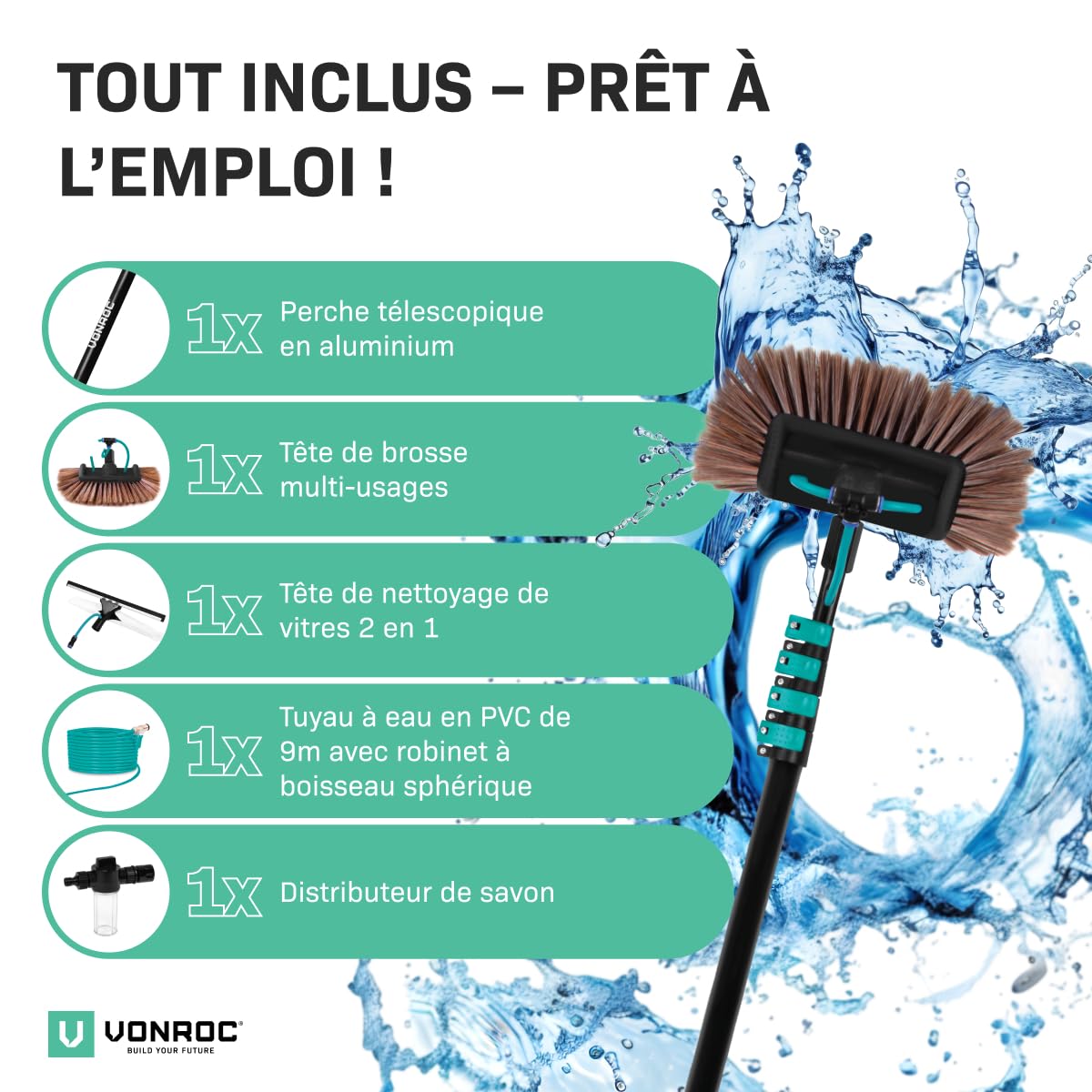 VONROC Brosse de Lavage Télescopique 6,5 m avec Arrivée Eau – Kit Complet 2 en 1 Nettoyage Panneaux Solaires, Vitres, Façades