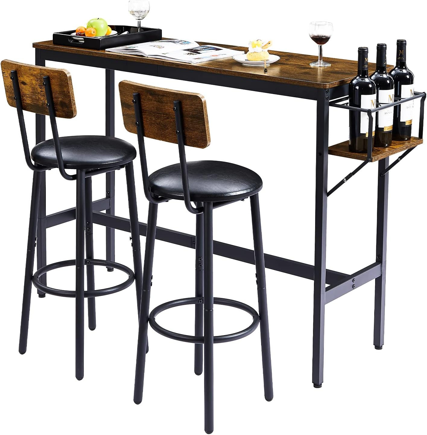 Tatub Bar Table and Chairs Set for 2, 3 Pieces Pub Dining Table Set with Collapsible Bottle Holder, 2 Bar Stools PU Upholstery Seat with Backrest for Kitchen, Apartment, Small Space