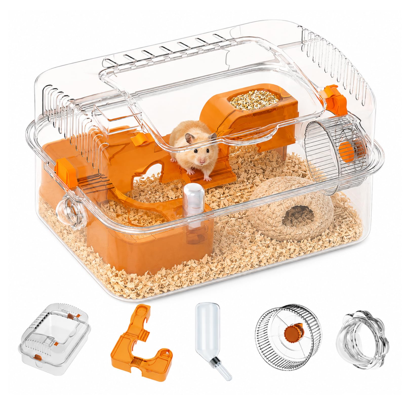 小動物用 クリアケージ 回し車 給水器付き Amazon | ハムスター ケージ 5点セット PET材質 噛み癖対策 回し車