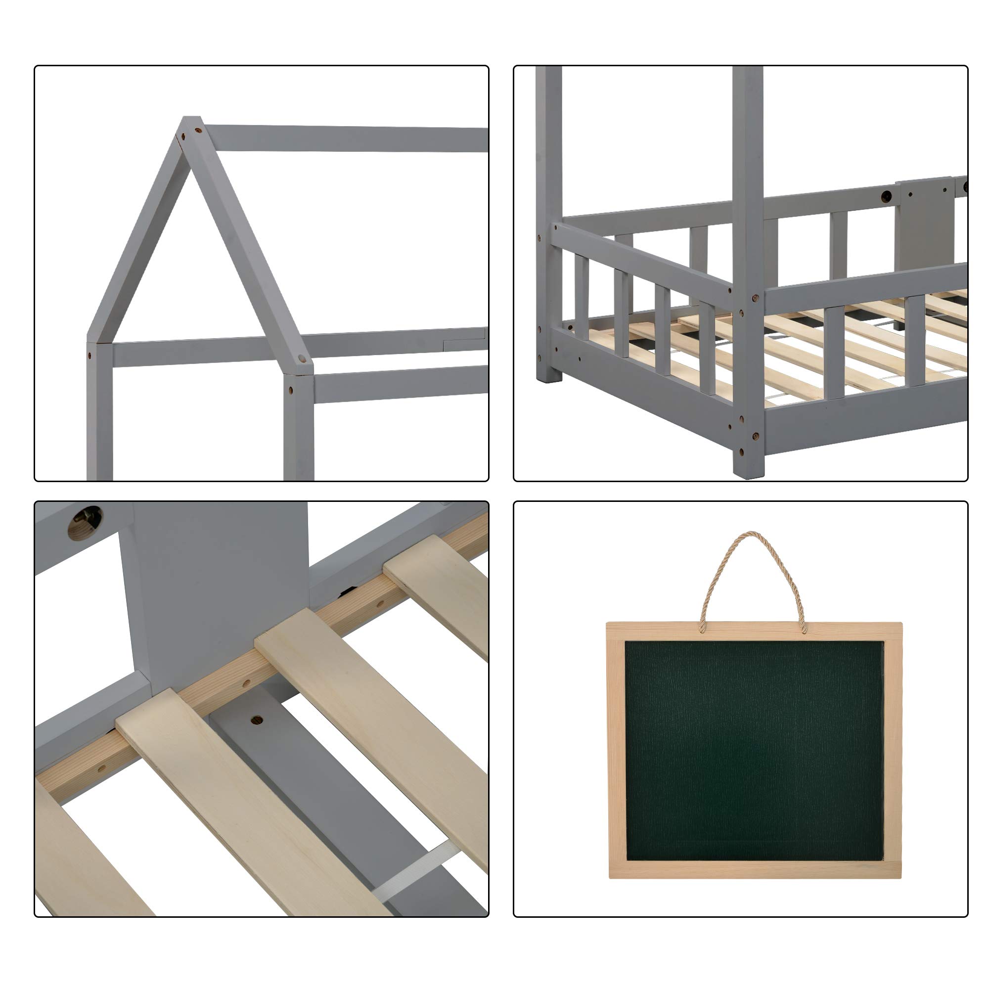 Lit Cabane Enfants 90x200, Lit Maison en Bois Massif avec Barrière Anti-Chute pour Chambre Enfant, Sommier Intégré, Gris,sans Matelas
