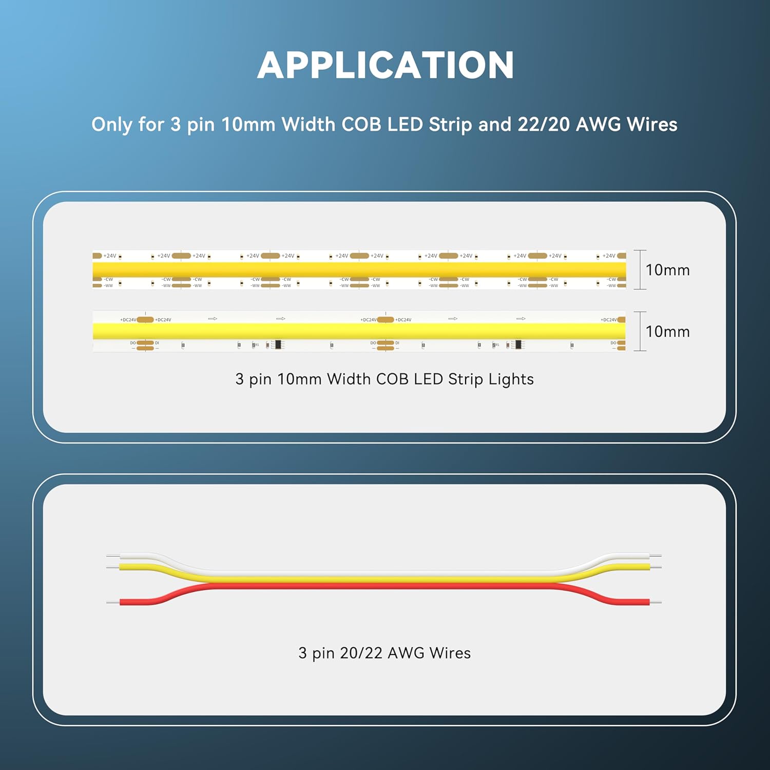 PAUTIX 10mm Connectors for 3-Pin CCT COB LED Strip Lights,20pcs Strip to Wire Connectors,10ft(305cm) Long 22AWG Extension 3 Wires for Non-Wired Gapless Solderless,5V 12V 24V LED Strip Lights Jumper - Image 3