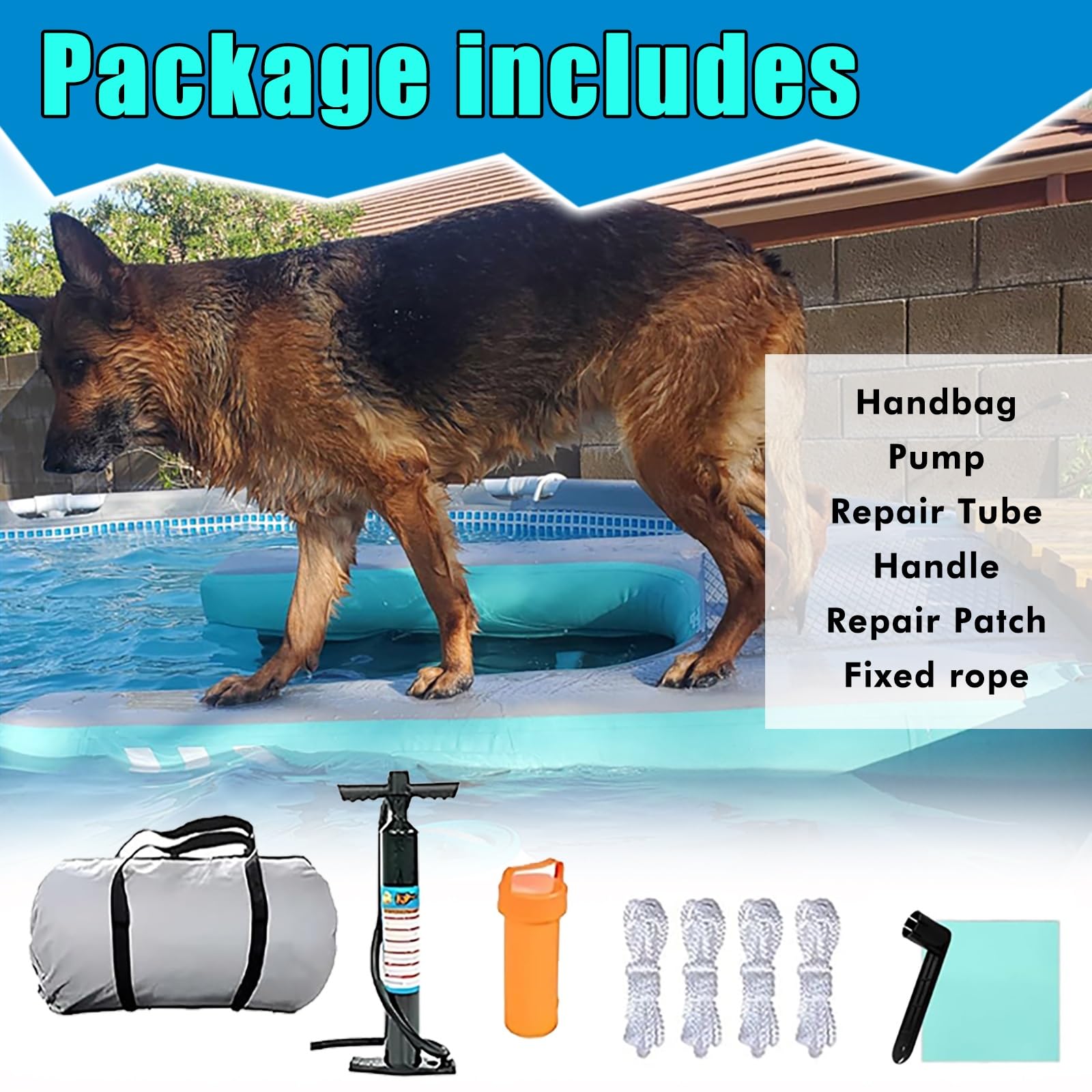 Rampa de Agua Para Perros Escalera de agua para perros con escalones 3D antideslizantes y bomba/kit de reparación, rampa flotante inflable para piscina/plataforma para perros en playas, muelles(Black,