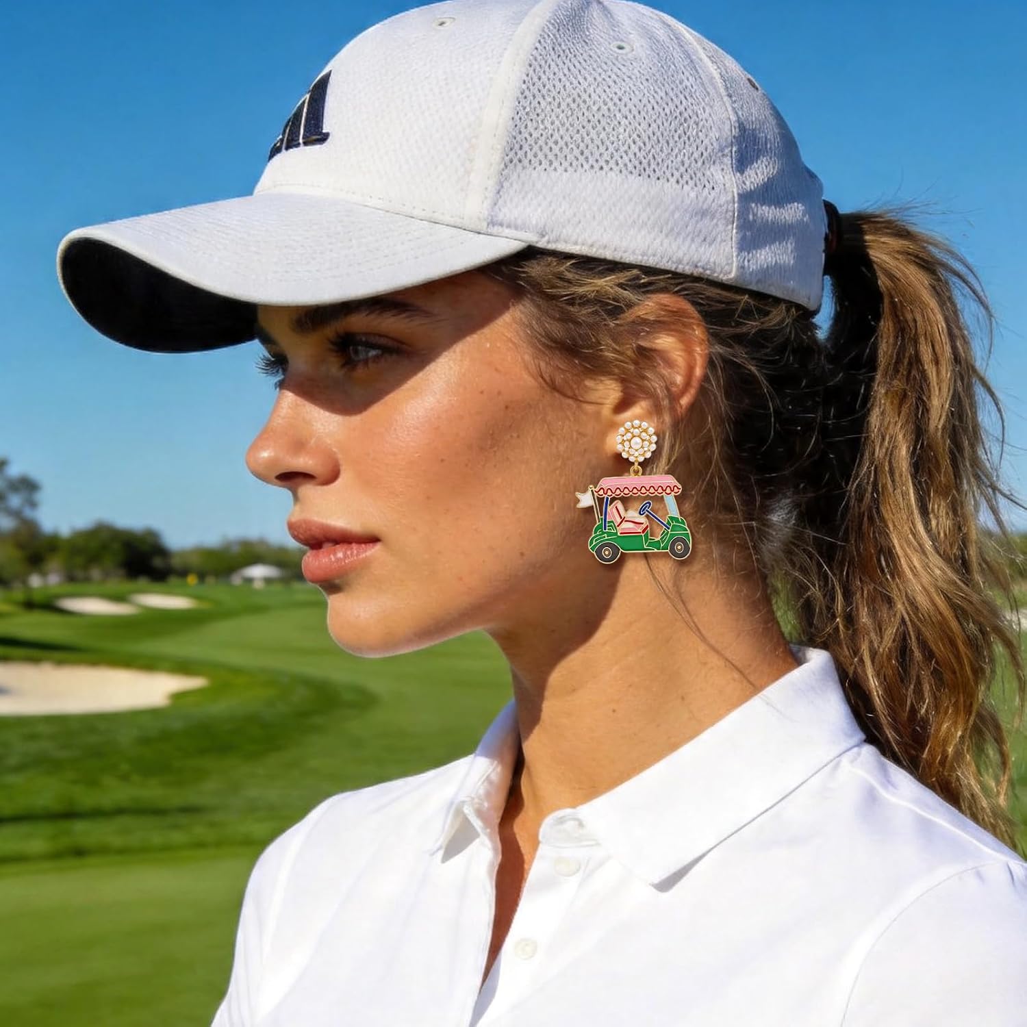 Golf Cart Earrings for Women Enamel Pink Green Golf Cart Dangle Earrings with Pearl Accent Fun Golf Themed Jewelry Gift for Golf Lovers & Golf Party image 3