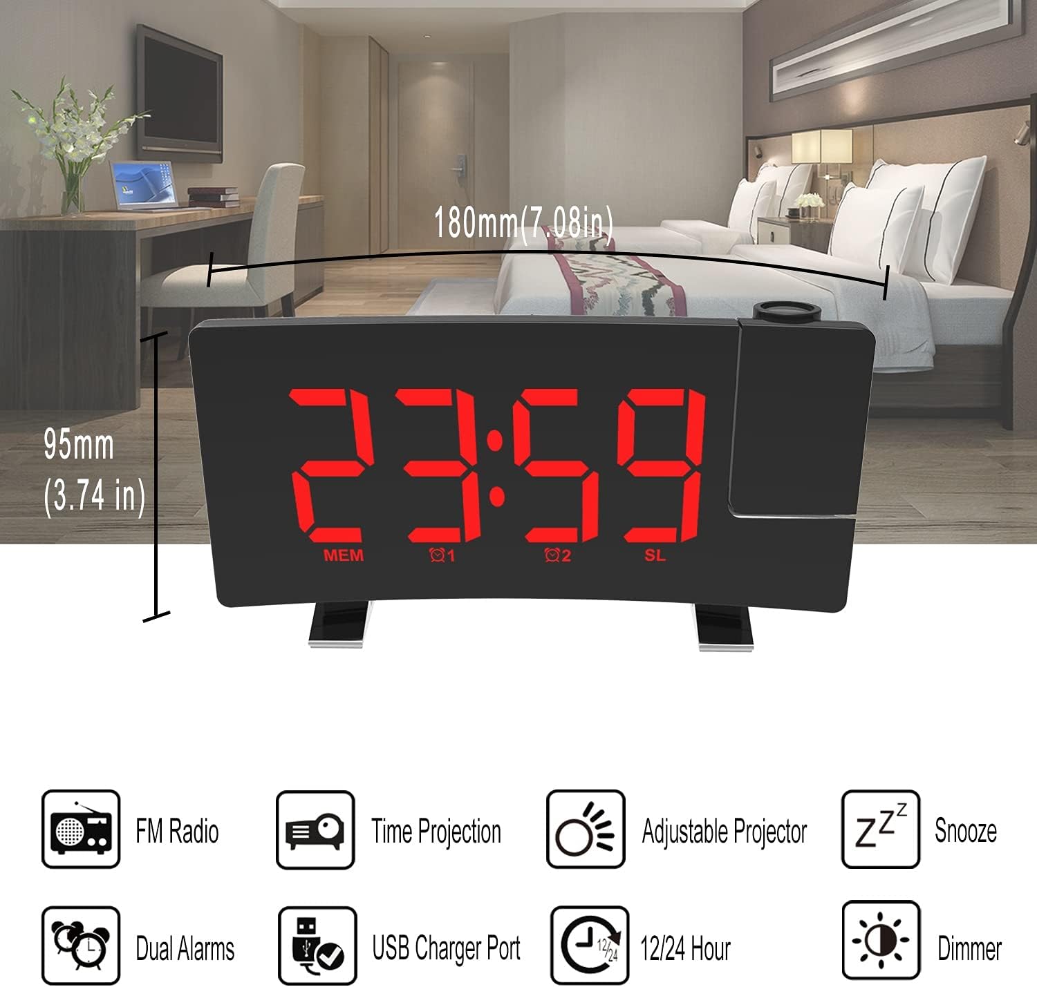 Projection Alarm Clocks for Bedrooms with Radio, 8” Curved Screen LED Digital Clock Large Display, USB Charging Port, Auto Dimmer, Snooze, Dual Alarm Clock for Heavy Sleepers ( Color : Red Text )