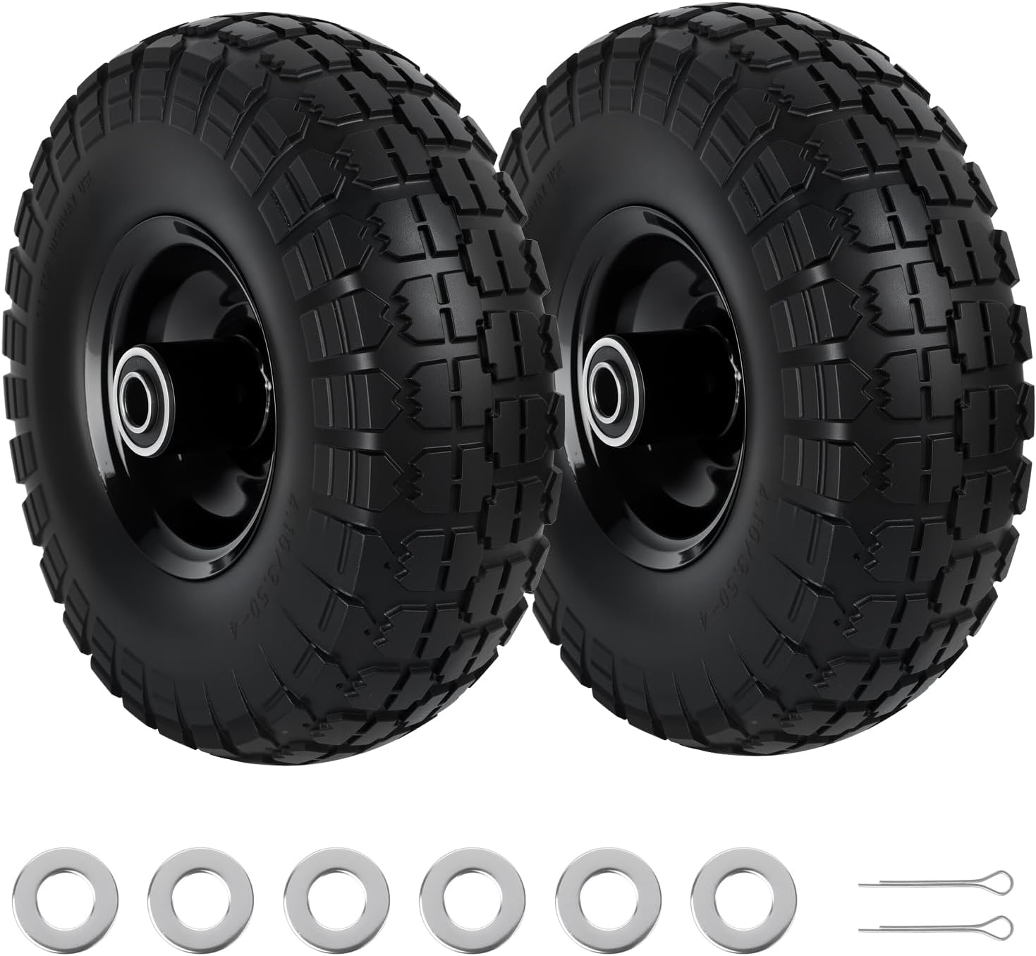 10" Solid Tires 2 Pack, 4.10/3.50-4 Flat-Free Wheels with Double Sealed Bearings & 5/8" Bore - Heavy Duty Replacement for Hand Trucks, Lawn Mowers, Carts, Wheelbarrows & Generators