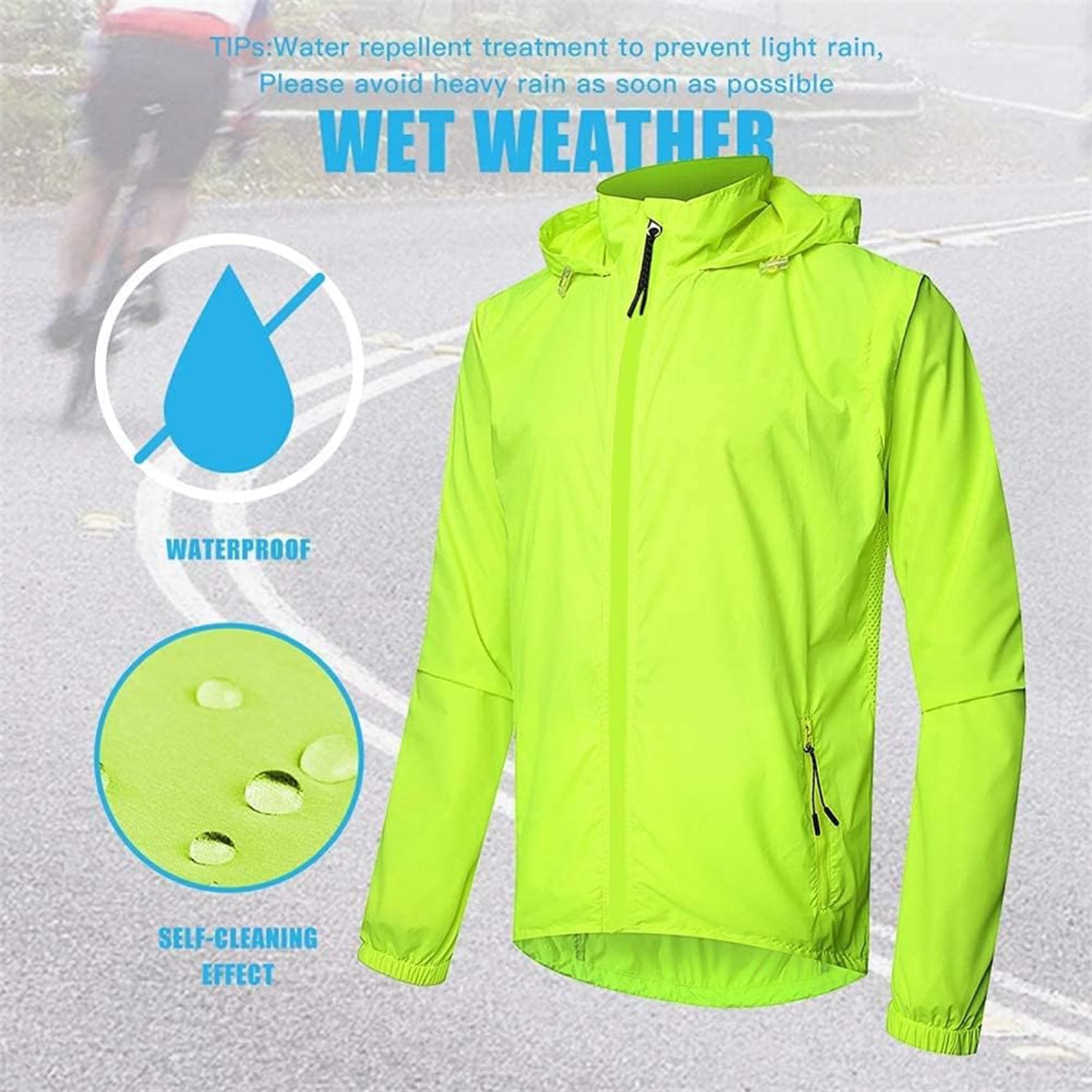 Giacca Ciclismo da Uomo Antivento Traspirante 2 in 1 Gilet Ciclismo con Maniche Rimovibili Protezione UV Corsa all'aperto Giacca da Passeggio Giacca da Ciclismo Riflettente,Green-XXL